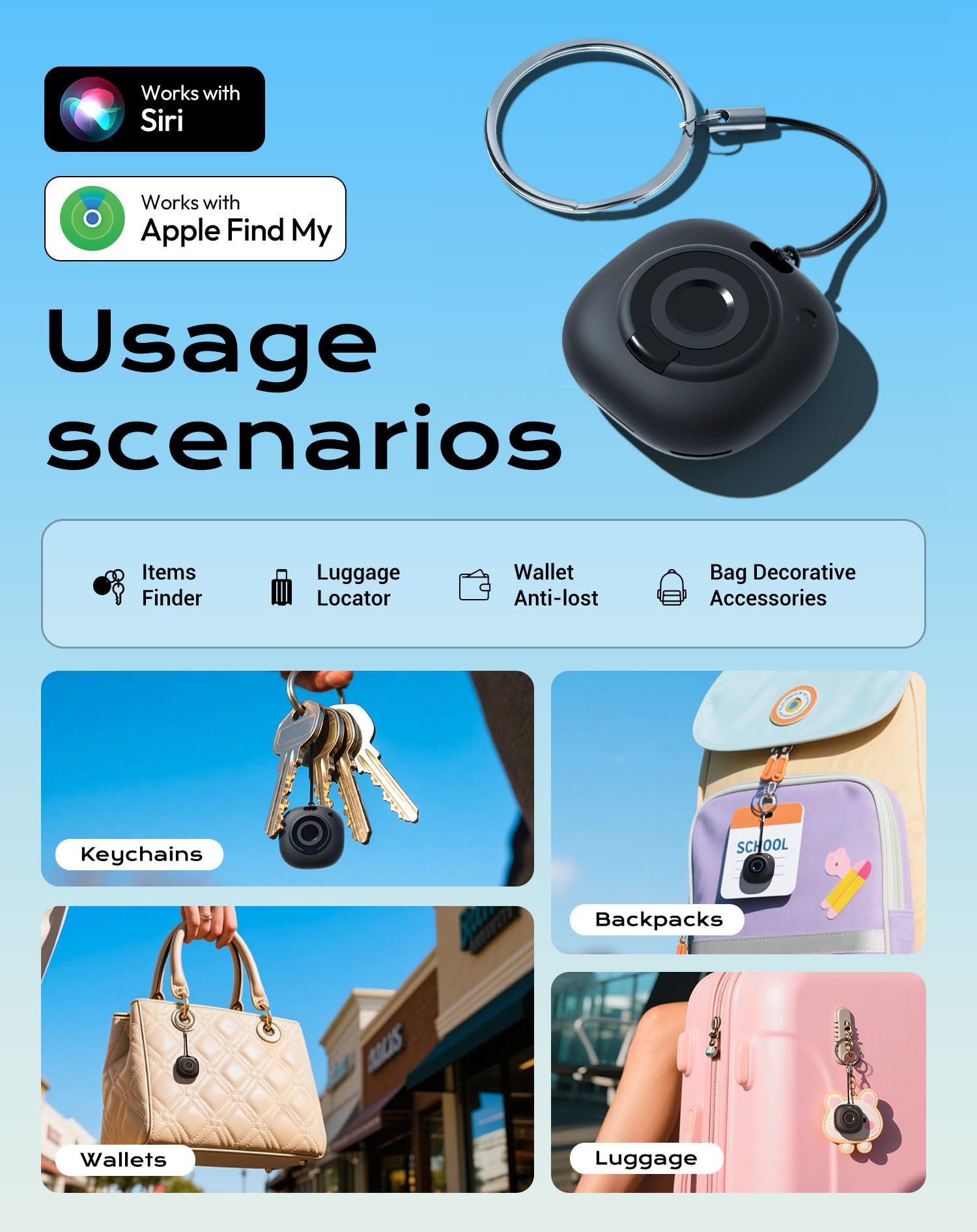 Smart Air Tracker Tag with Apple Find My, Item Finders for Luggage/Keys/Bags, Removable Battery (iOS Only) Black — view 6