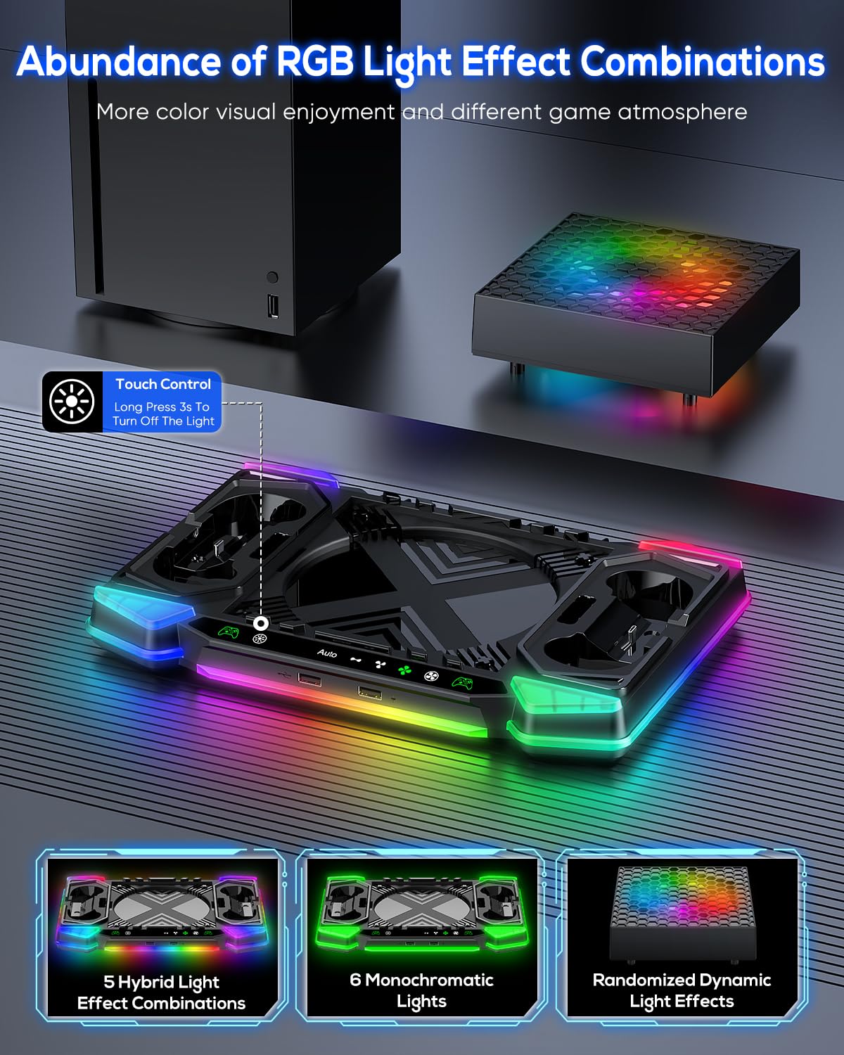 Sistema di raffreddamento automatico aggiornato e supporto di ricarica per console e controller Xbox Series X, accessori con 11 luci RGB e 2 batterie ricaricabili da 1400 mAh, supporto per cuffie e