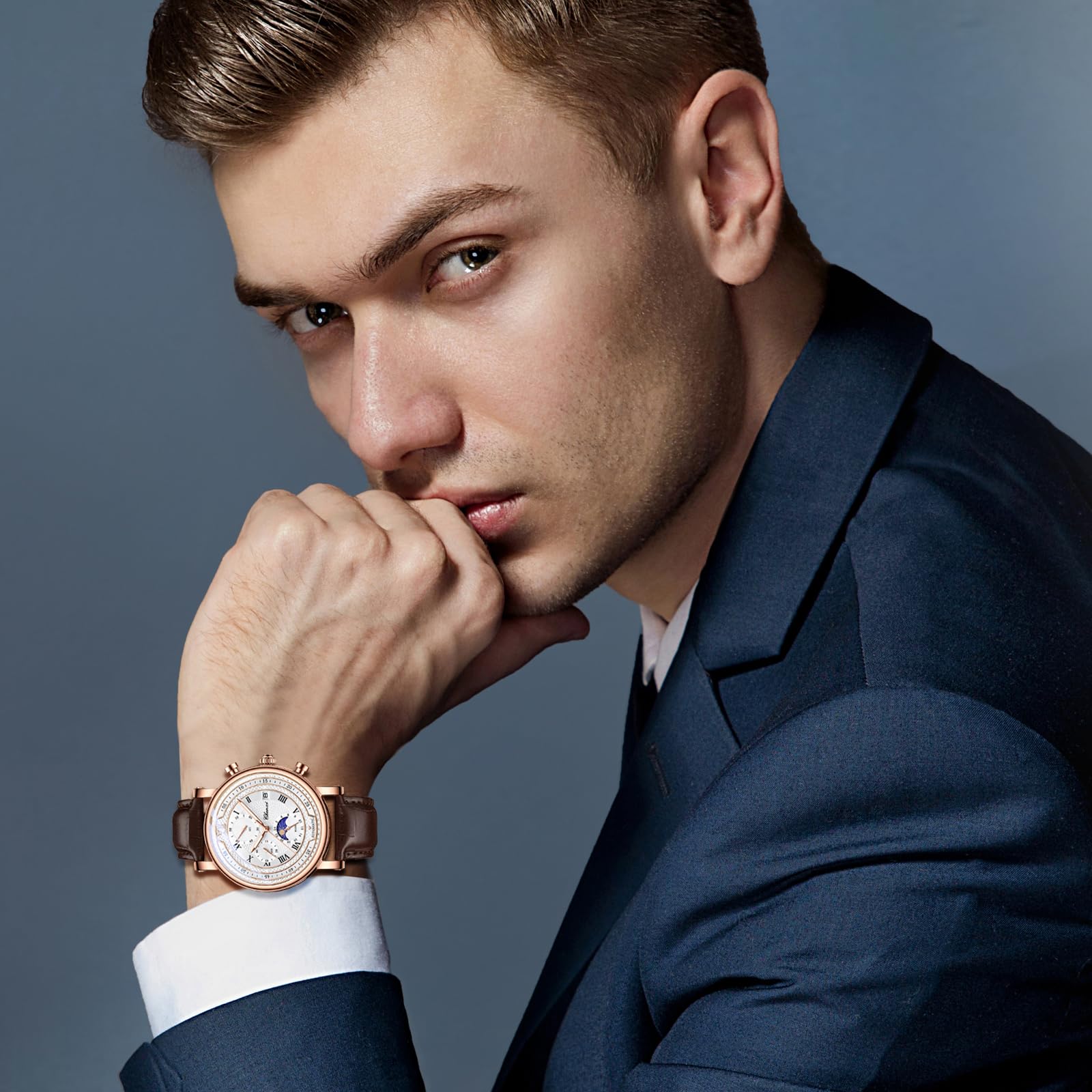 JewelryWe Herrenuhr Echtleder Chronograph Uhr 30m Wasserdicht Analog Quarz Armbanduhr Herren Lederarmband Multifunktionale Uhr mit Sternenhimmel Zifferblatt, Kalender, Leuchtzeiger, Stoppuhr