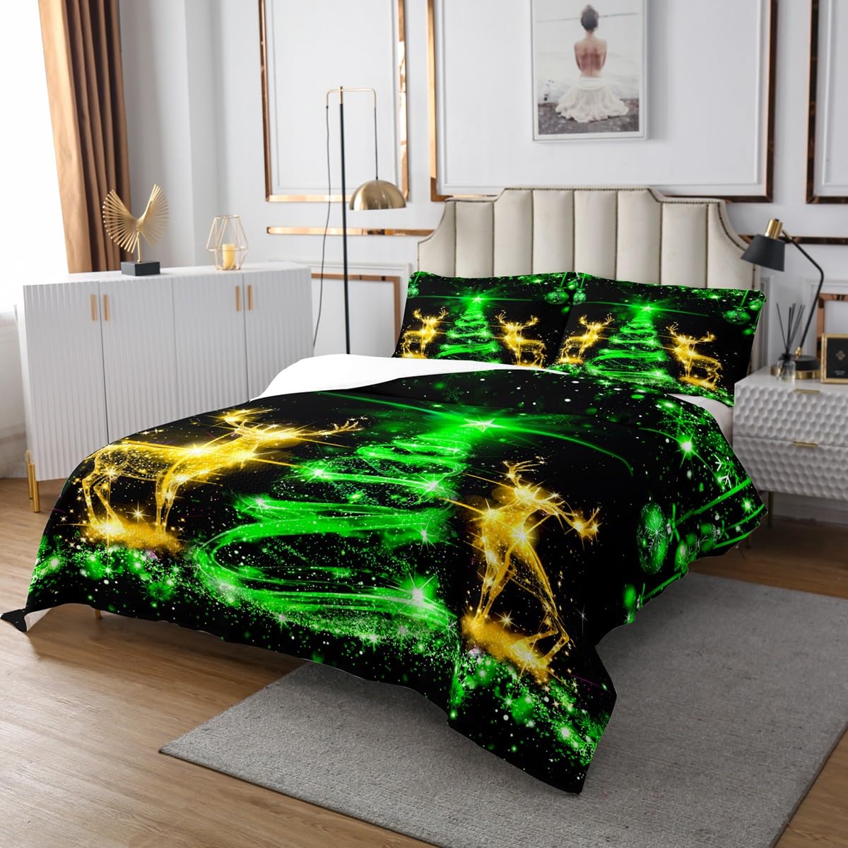 Homewish Merry Christmas Bedspread for Kids Boys,Xmas Pine Trees Reindeer Animal Coverlet Set Bedroom Decor Soft Quilted,Sparkling Glitter Green Yellow Quilt Set with 1 Pillow Sham, Twin Size