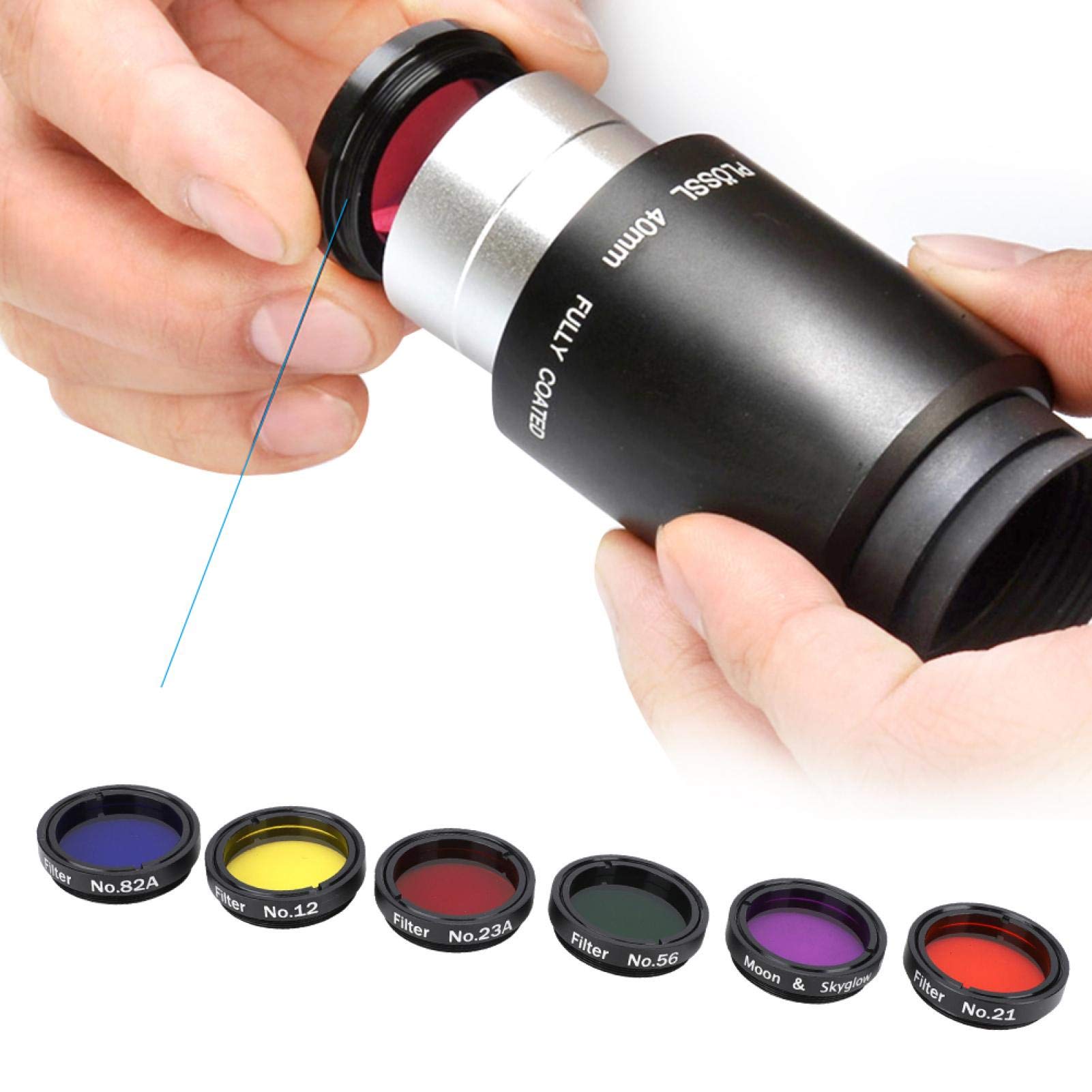 Set di filtri per lenti con filtro lunare da 1,25 pollici, set di 6 filtri colorati (giallo + arancione + rosso + verde + blu + viola), filtro per oculari del telescopio, vetro ottico in lega di allum