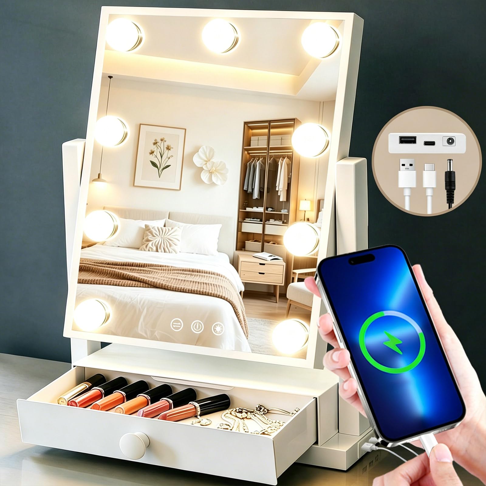 Specchio cosmetico con luci con cassetto, porta di ricarica USB, specchio per il trucco Hollywood con 9 lampadine dimmerabili, 3 modalità di illuminazione a colori, ingrandimento 5x staccabile