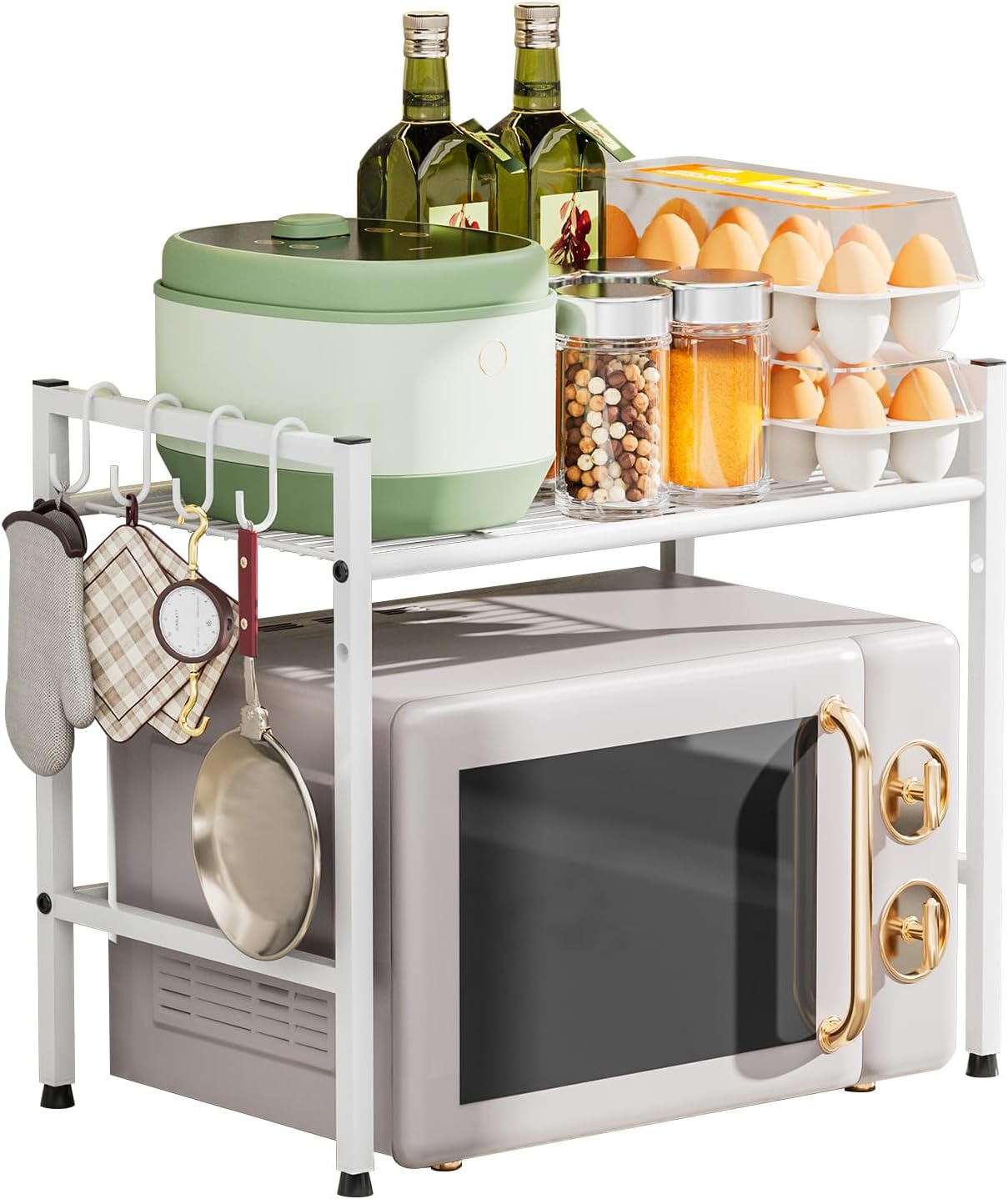 Microwave Stand Countertop, 2-Tier Adjustable Metal Oven Rack with 4 Hooks, Heavy Duty Carbon Steel Organizer Shelf for Microwave/Oven/Toaster, Kitchen Storage (White, 2-Tier)