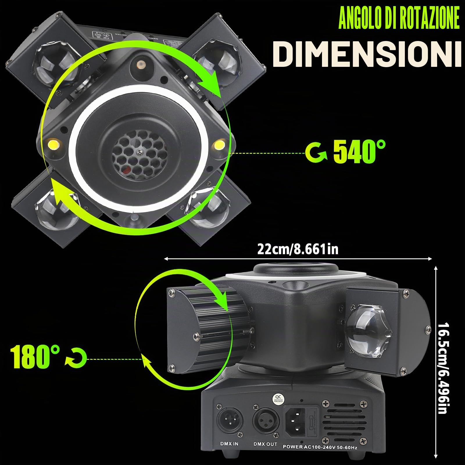 Moving Head - Luci da palcoscenico LED DJ con controller DMX512, attivazione del suono, 4 perline LED RGBW da 12 W, effetto stroboscopico dimmer