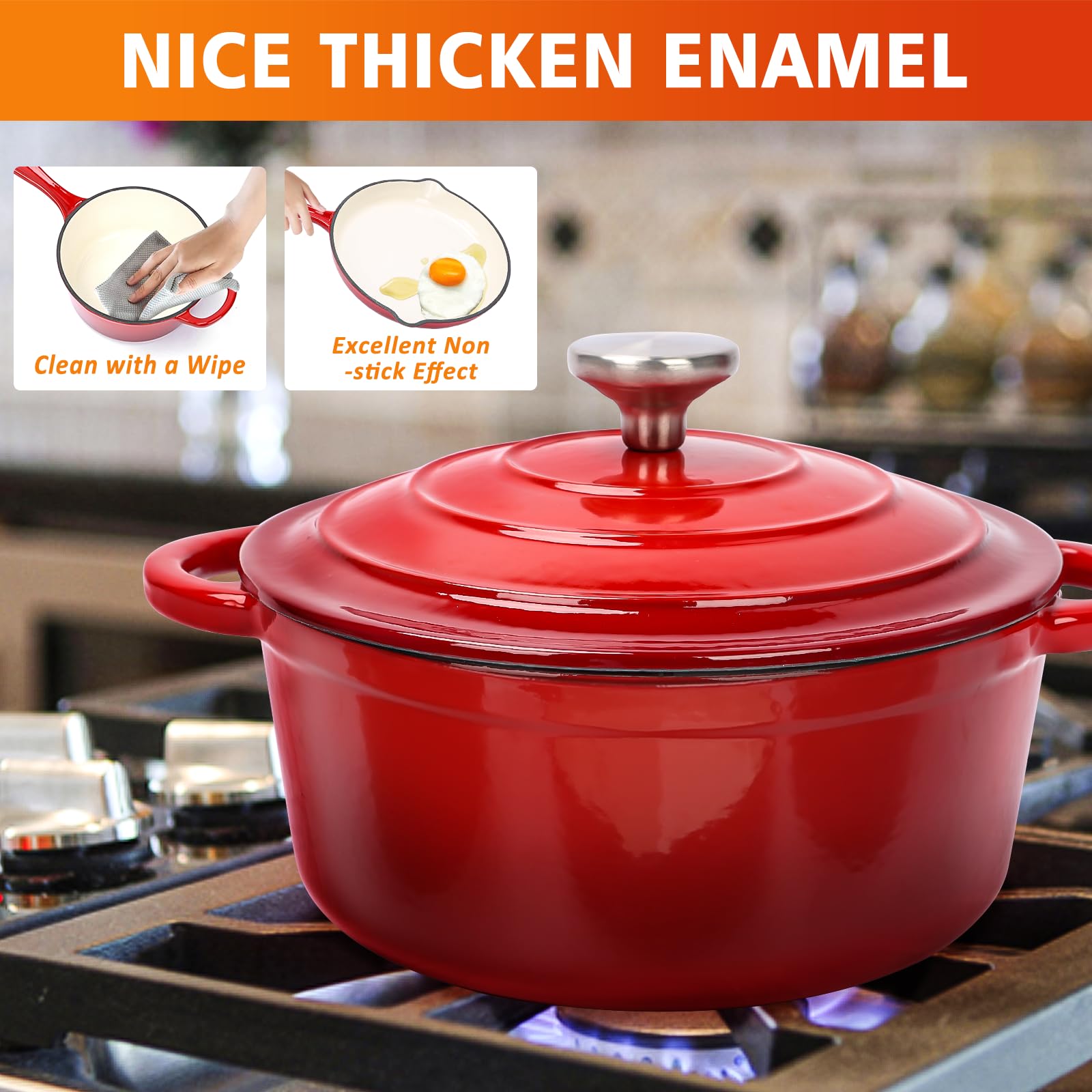 Denmay Emailliertes Kochgeschirr Set aus Gusseisen - 7-teiliges Set Holländischer Öfen Brotbacken, Topf, Pfanne, 3 Deckel, Backen Holländisches Ofen-Set, Gas/Backofen/induktionskompatibel Rot
