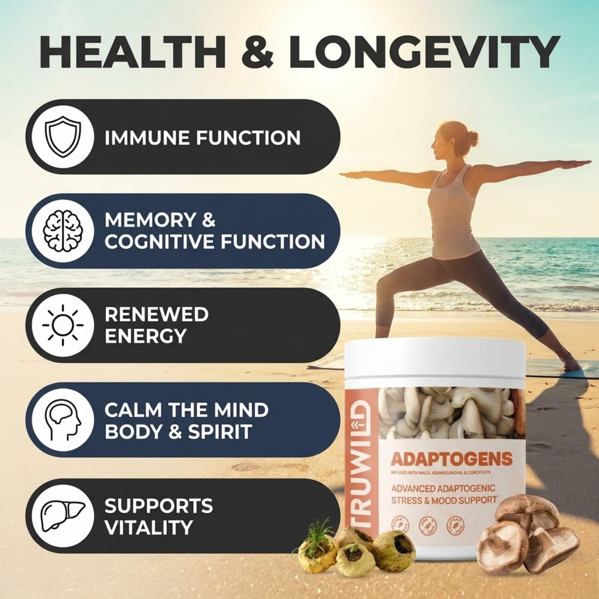 TruWild Adaptogen Blend with Cordyceps Maca Ashwagandha - Full Spectrum Mushroom Blend for Daily Support and Function, All Natural Formula with 7 Key Ingredients, 60 Capsules — Amazon image 4