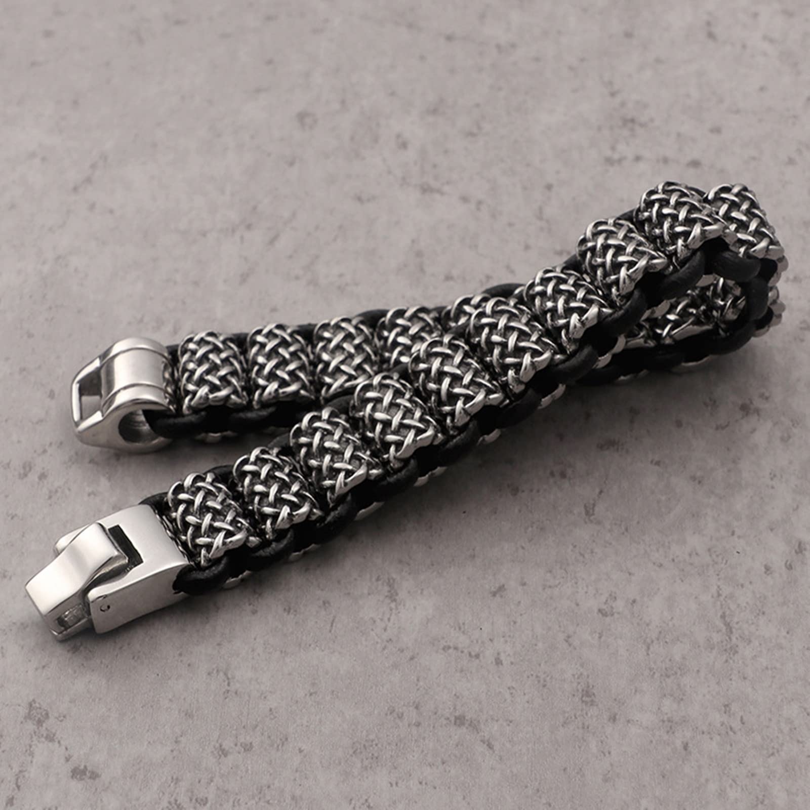 Pulsera de acero inoxidable para hombre, pulsera de cuero de 19 mm, pulsera trenzada retro, 22 cm de longitud, pulsera gótica para hombre, 22, Cuero