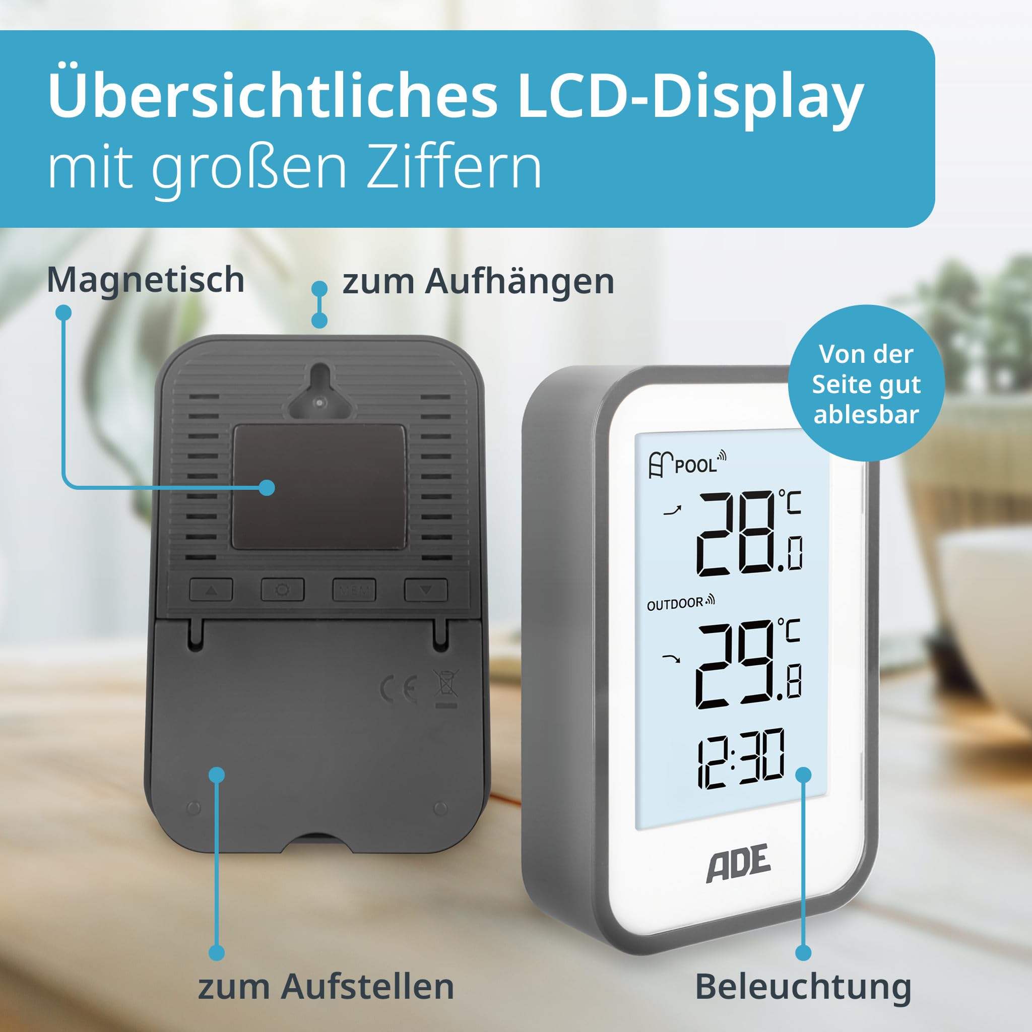 ADE Poolthermometer schwimmend | Pool Thermometer funk für Schwimmbad, Whirlpool, Badewanne, Teich | Wasserthermometer mit Außensensor | inkl. Batterien