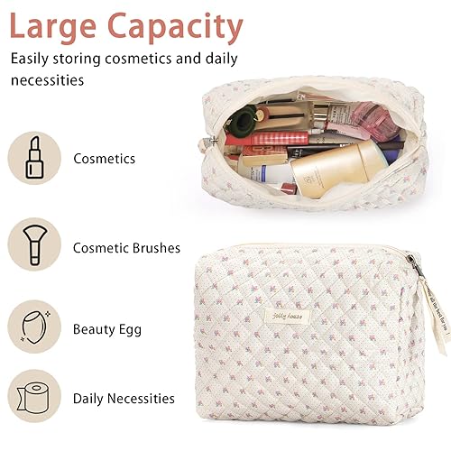 Miniatura 3 de Sightor Bolsa de maquillaje de algodón, bolsa de cosméticos floral kawaii, bolsa de aseo de viaje grande, bolsa acolchada para cosméticos para