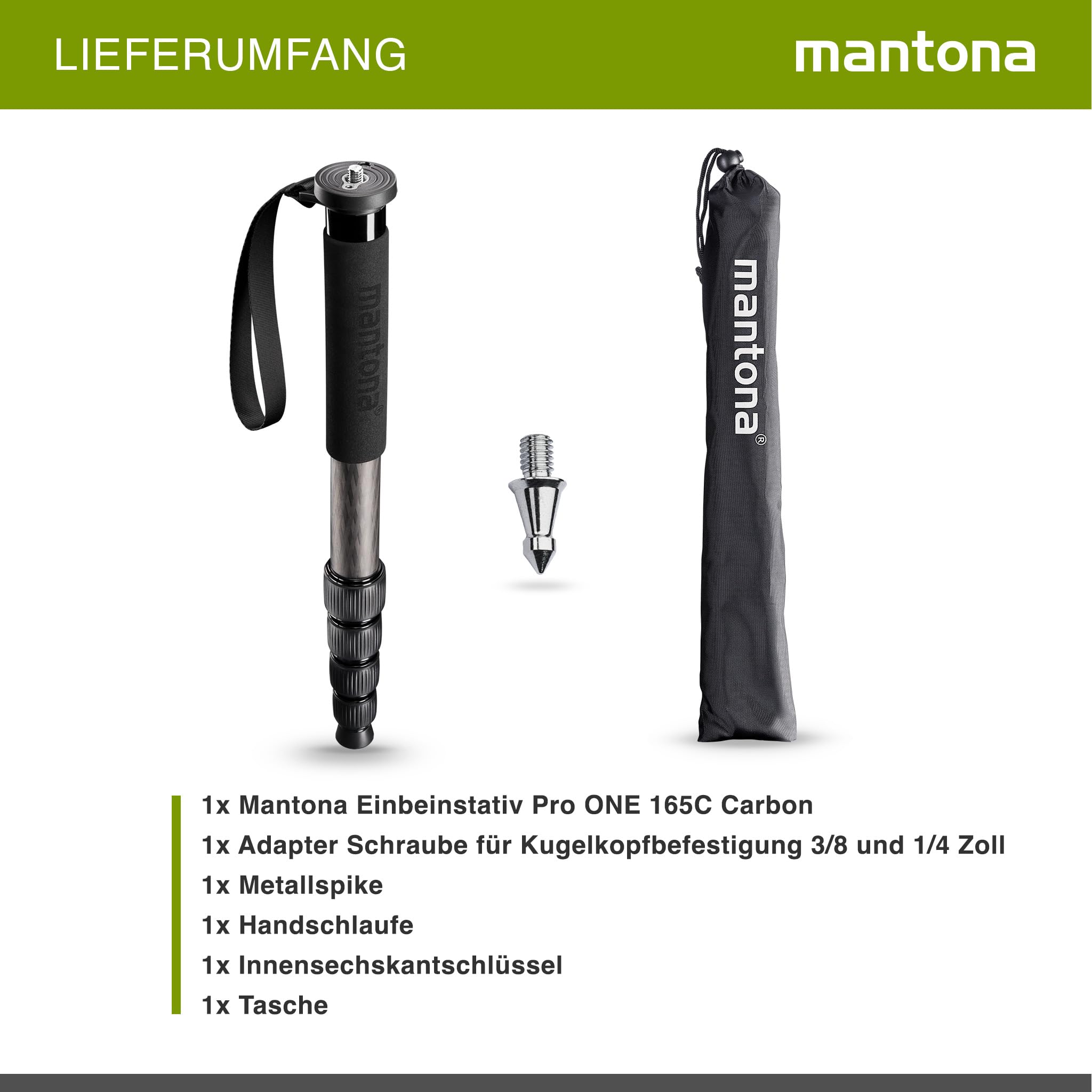 mantona Pro One Einbeinstativ aus ultraleichtem Carbon schwarz, Stativ höhenverstellbar von 44 cm bis 165 cm, praktische Schaumstoffummantelung & Handschlaufe, kompakt & belastbar mit Zubehör