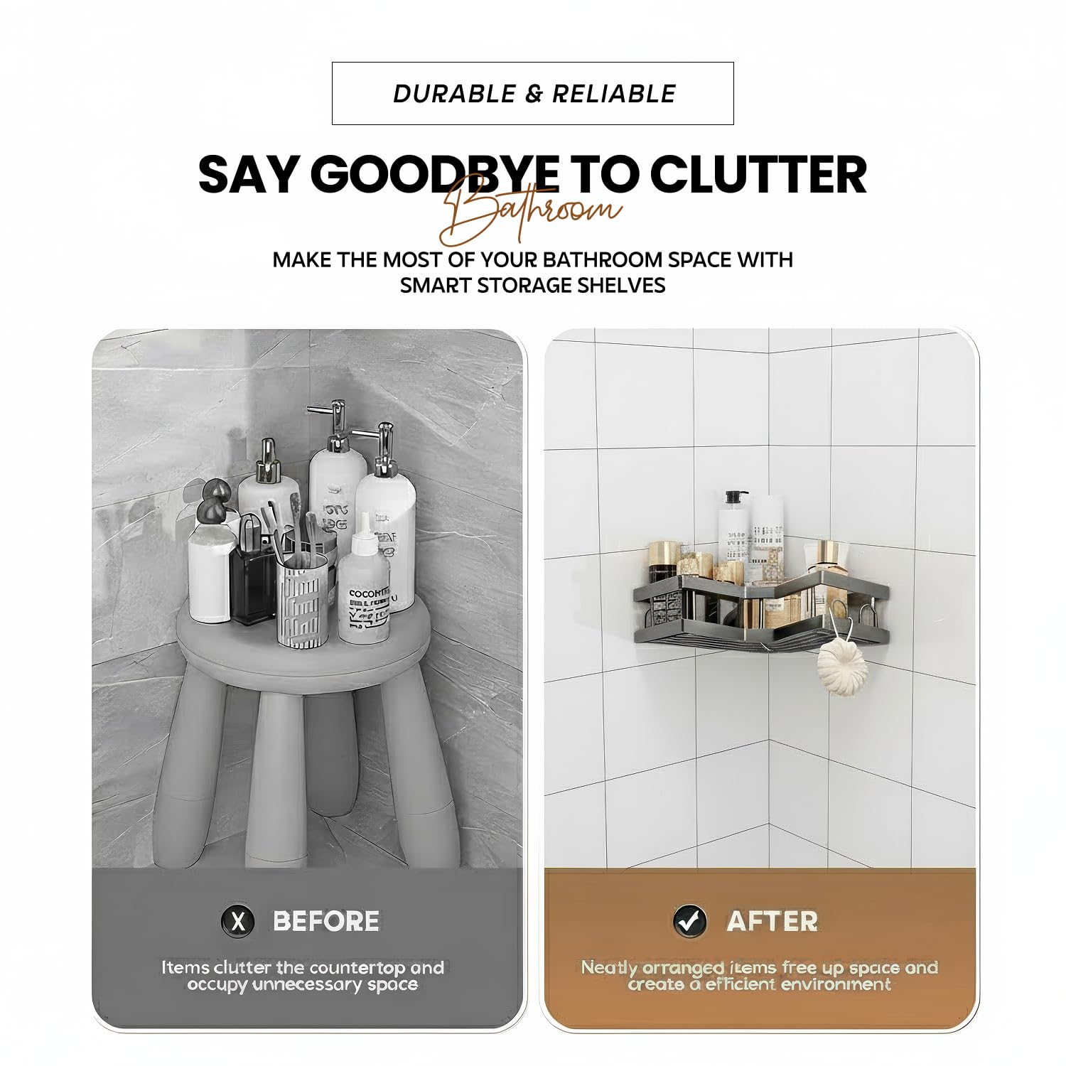 amazon basics 2 Pack Heavy Bathroom Organiser Without Drill | Premium Bathroom Accessories Set | Washroom Storage Organizer | Wall Rack & Bathroom Corner Shelves 3