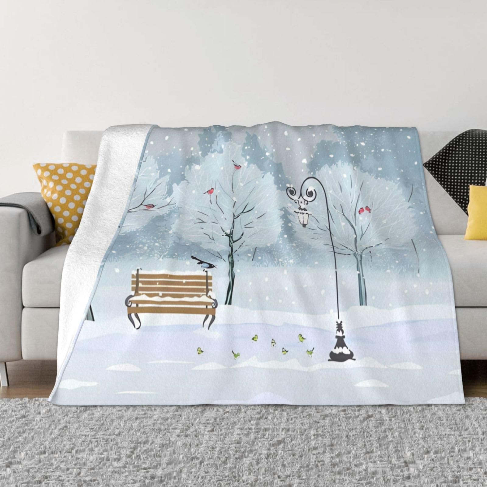 Couverture en flanelle oiseaux sous la neige plaid ultra doux canapé