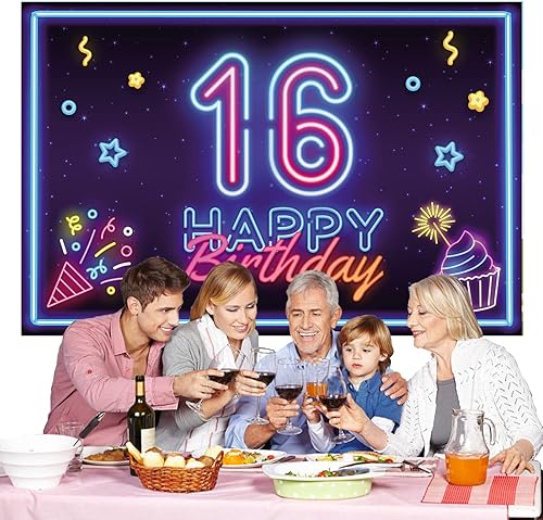 Miniatura 6 de Cartel de neón de feliz cumpleaños número 16 telón de fondo baile de discoteca decoración temática brillante decoración para fiestas de cumpleaños