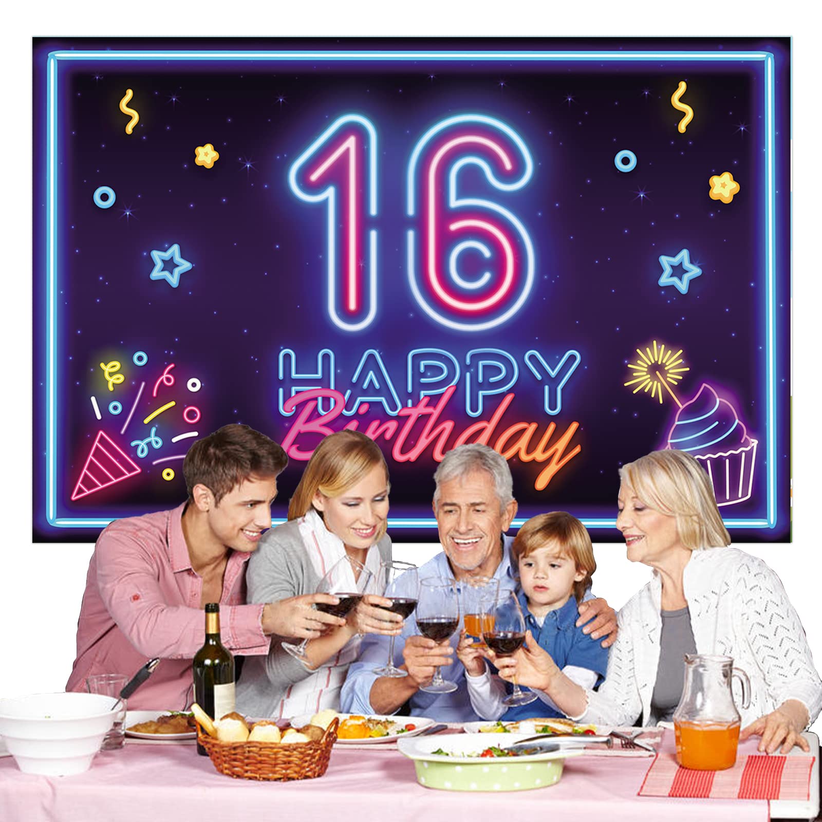 Avezano Glow Neon Sweet 16 Banner – Happy 16th Birthday Decor With Rope (71x35 Inches, Reusable) - View #4