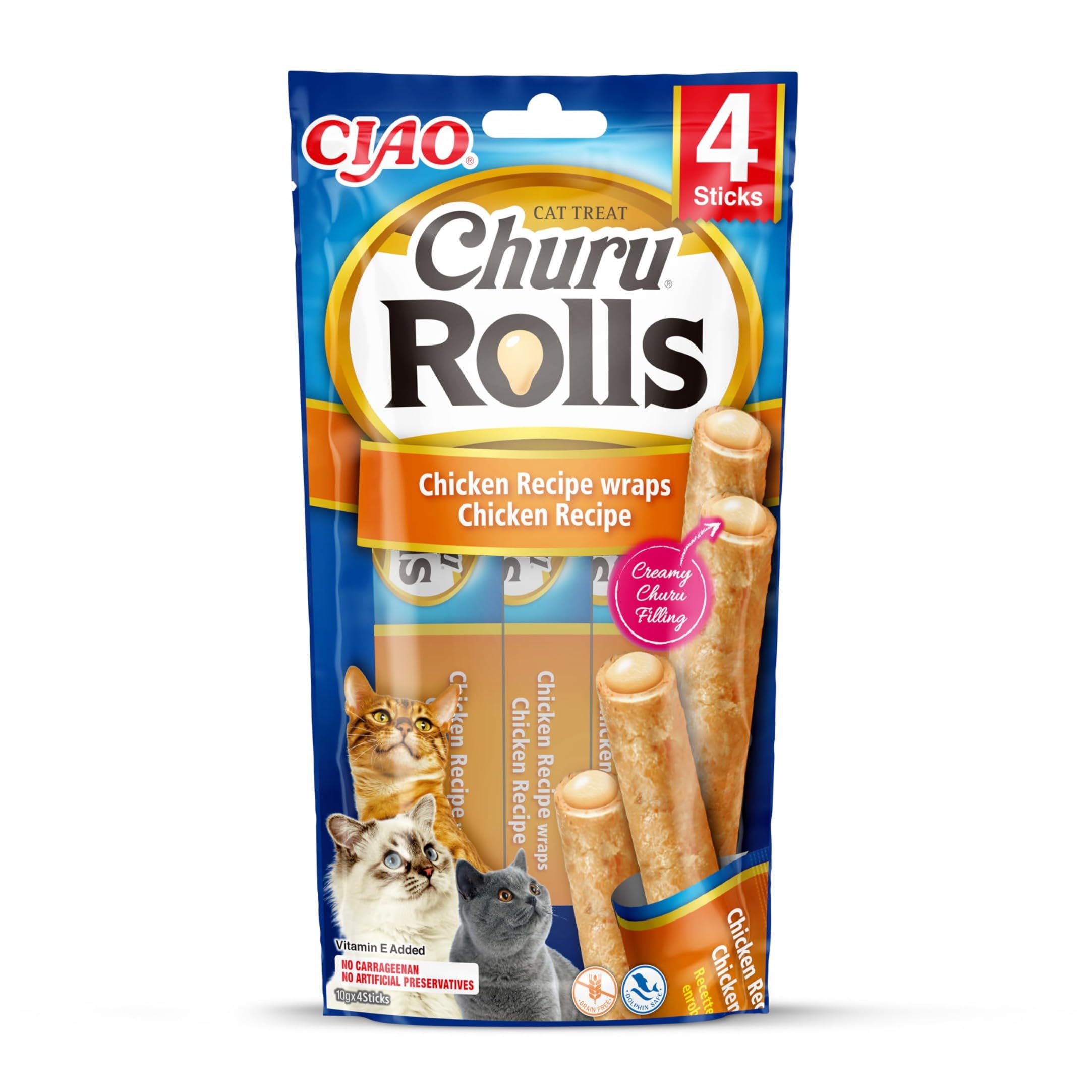 INABA Churu Rolls, Snack pour Chat, Double Texture Poulet, 4x10 g