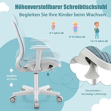 DREAMADE Children's Desk Chair Seat Height 43-55 cm Adjustable Ergonomic Children's Swivel Chair on Wheels with Armrests and Backrest Office Chair Swivel Chair Children's Chair for Boys and Girls (Blue)