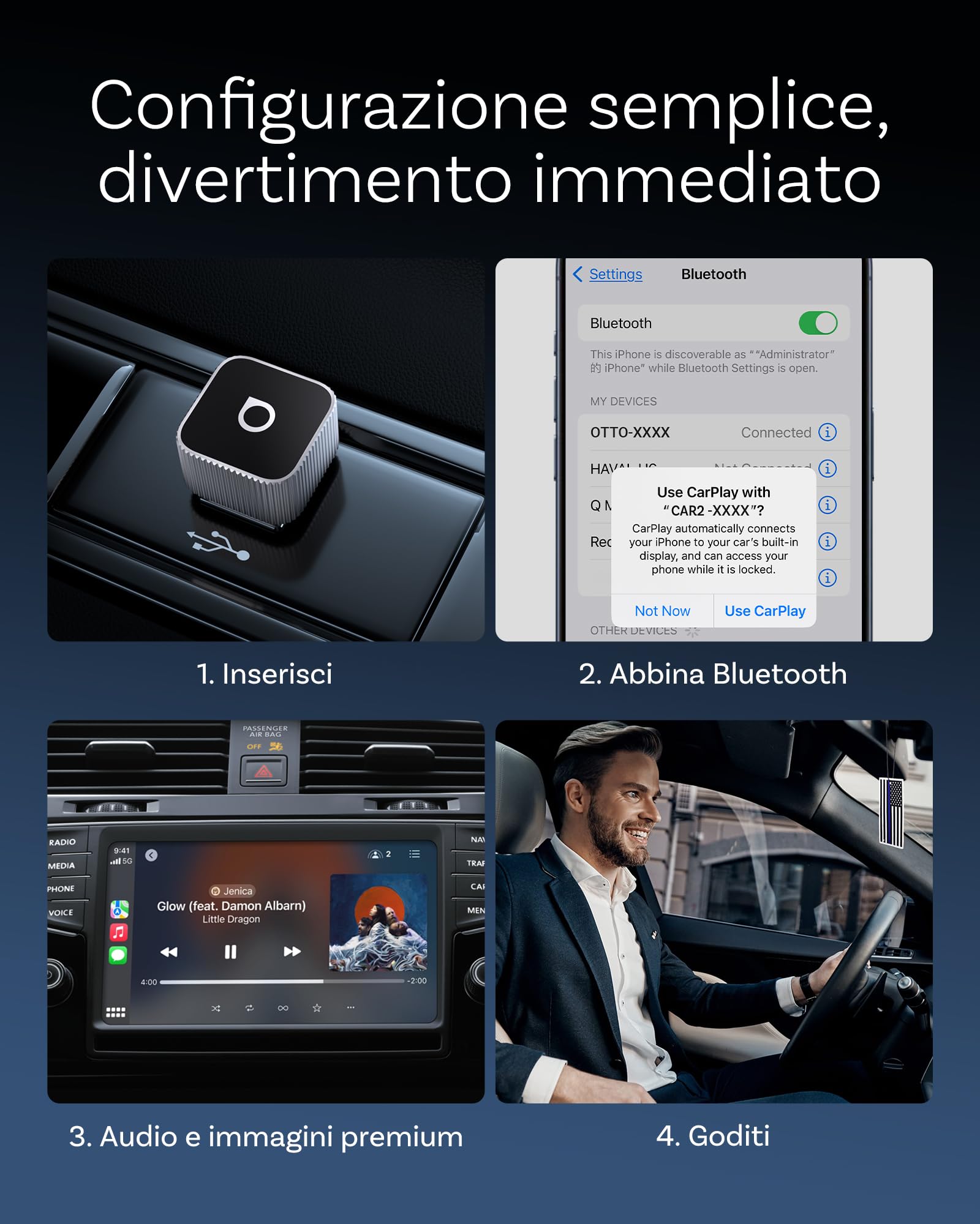 OTTOCAST MINI 3.0 Slim 2026 Adattatore Wireless CarPlay & Android Auto, 2-in-1 Dongle, Converte da cablato a modalità senza fili, Bassa latenza, Connessione rapida in auto, MINI Cube