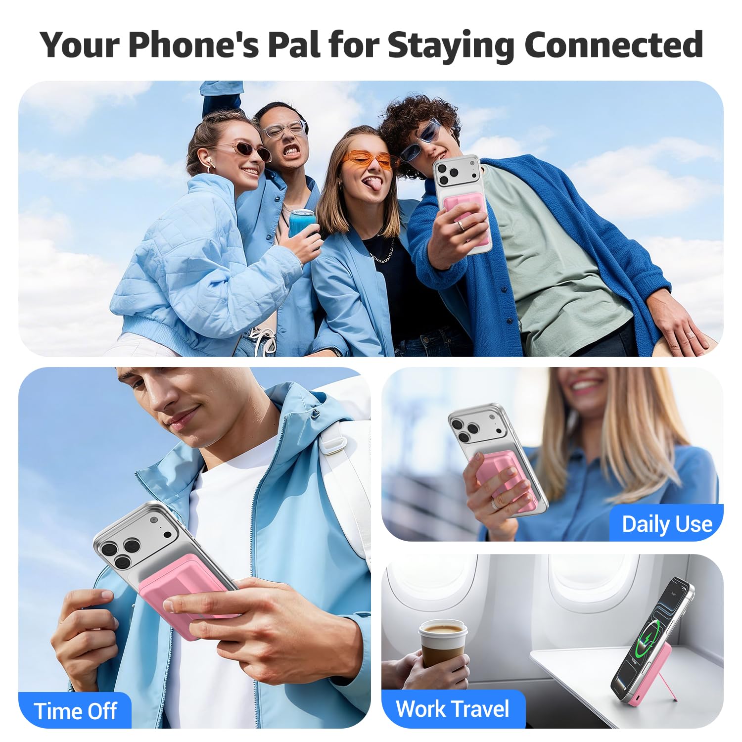 Azmuth para Magsafe Power Bank, 10000mAh Magnético Bateria Externa Carga Rapida 15W,Powerbank con Soporte Plegable Pantalla LED USB-C 20W y USB-A 22.5W para iPhone 17/16/15/14/13/12 Serie Rosado