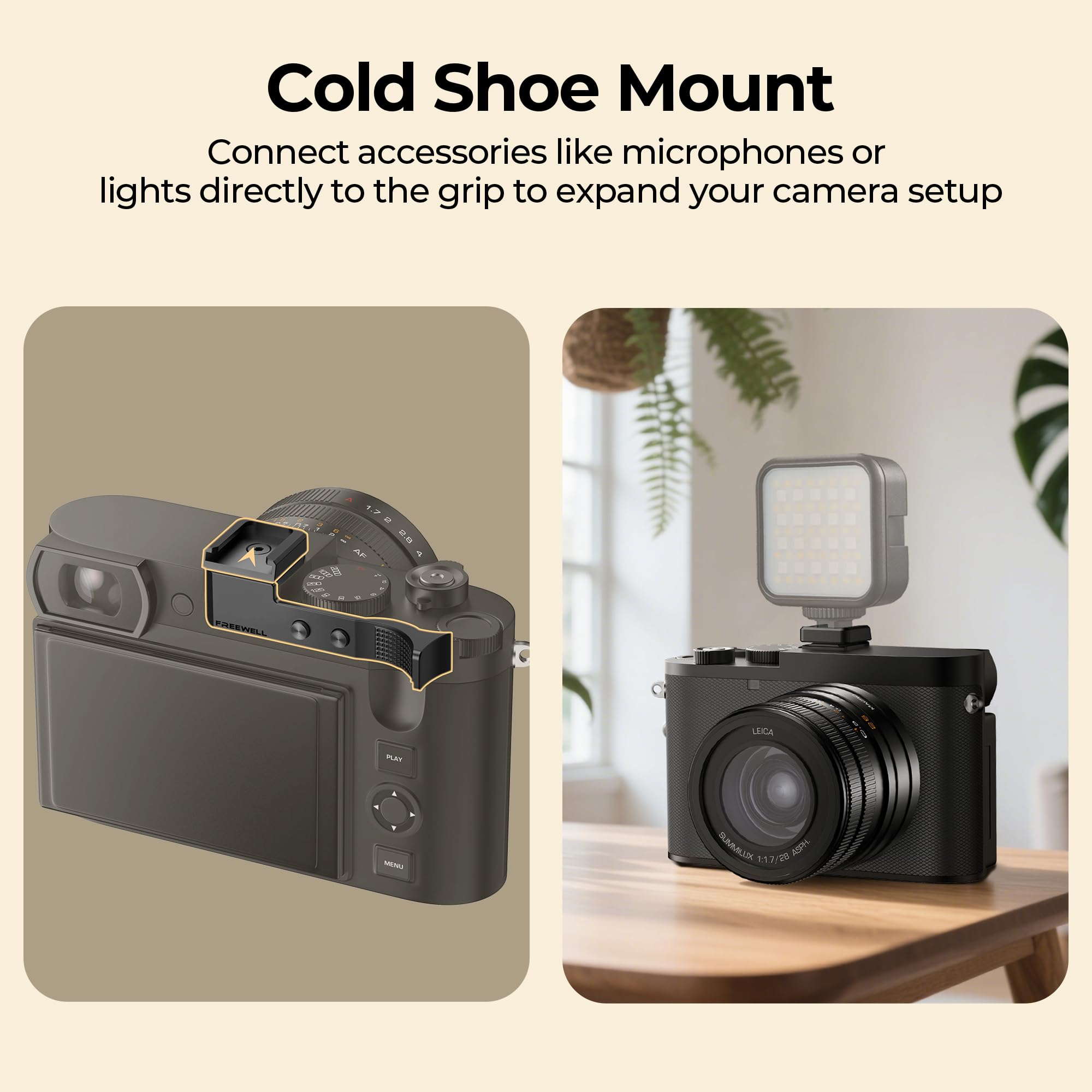 Freewell Uchwyt na Kciuk do Leica Q3/Q3 43 z Mocowaniem Cold Shoe | Wykonany z aluminium CNC z silikonową wyściółką chroniącą aparat przed zarysowaniami