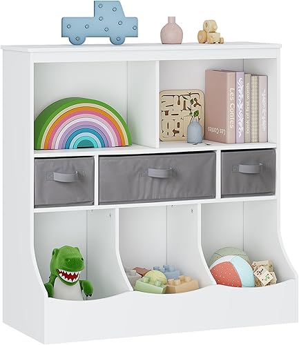 UTEX Organizador de almacenamiento de juguetes con estantería, unidad de almacenamiento para niños con 8 compartimentos y 3 canastas, caja de