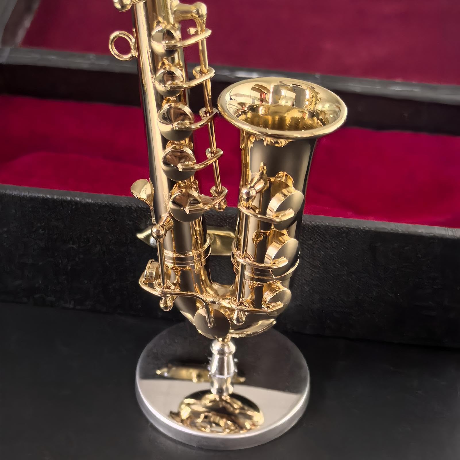 Modèle Sax,Modèle Réduit de Saxophone - Instrument de Musique en Laiton Collectionnable avec Support et Écrin pour Présentation Cadeau Maison de Adulte Enfant Noël | Décoration Maison Accessoire Maiso