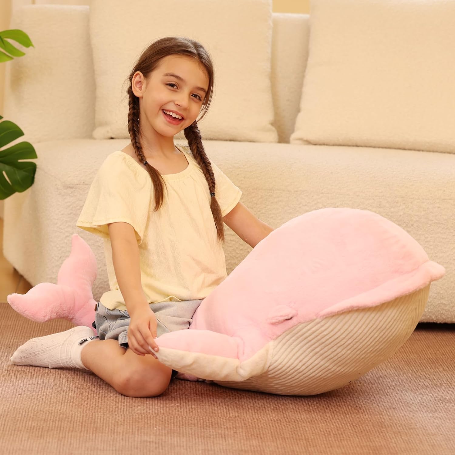 Tezituor 43.3 inch Giant Whale Stuffed Animals, Hugging Soft Pink Whale Plush Body Pillow for Girls Women, 4ft Life-Size Ocean Sealife Plush Gift for Christmas Birthday