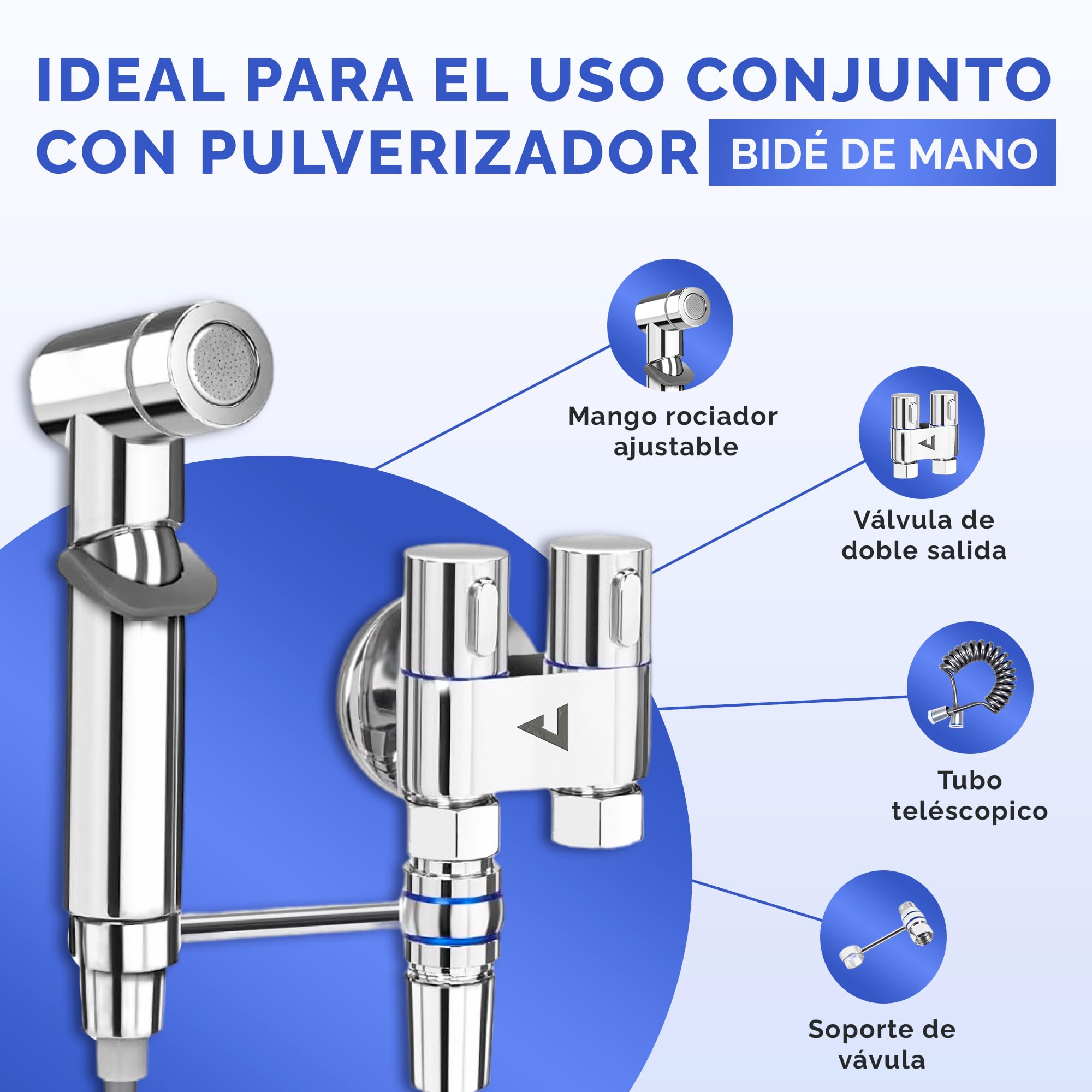 JUPPLIES Ducha Higienica para WC con Válvula de Control de 2 Vías y Doble Mando – Grifo Bidet para Inodoro con Manguera Retráctil 2m, Regulación de Presión y Montaje Sencillo (Válvula)