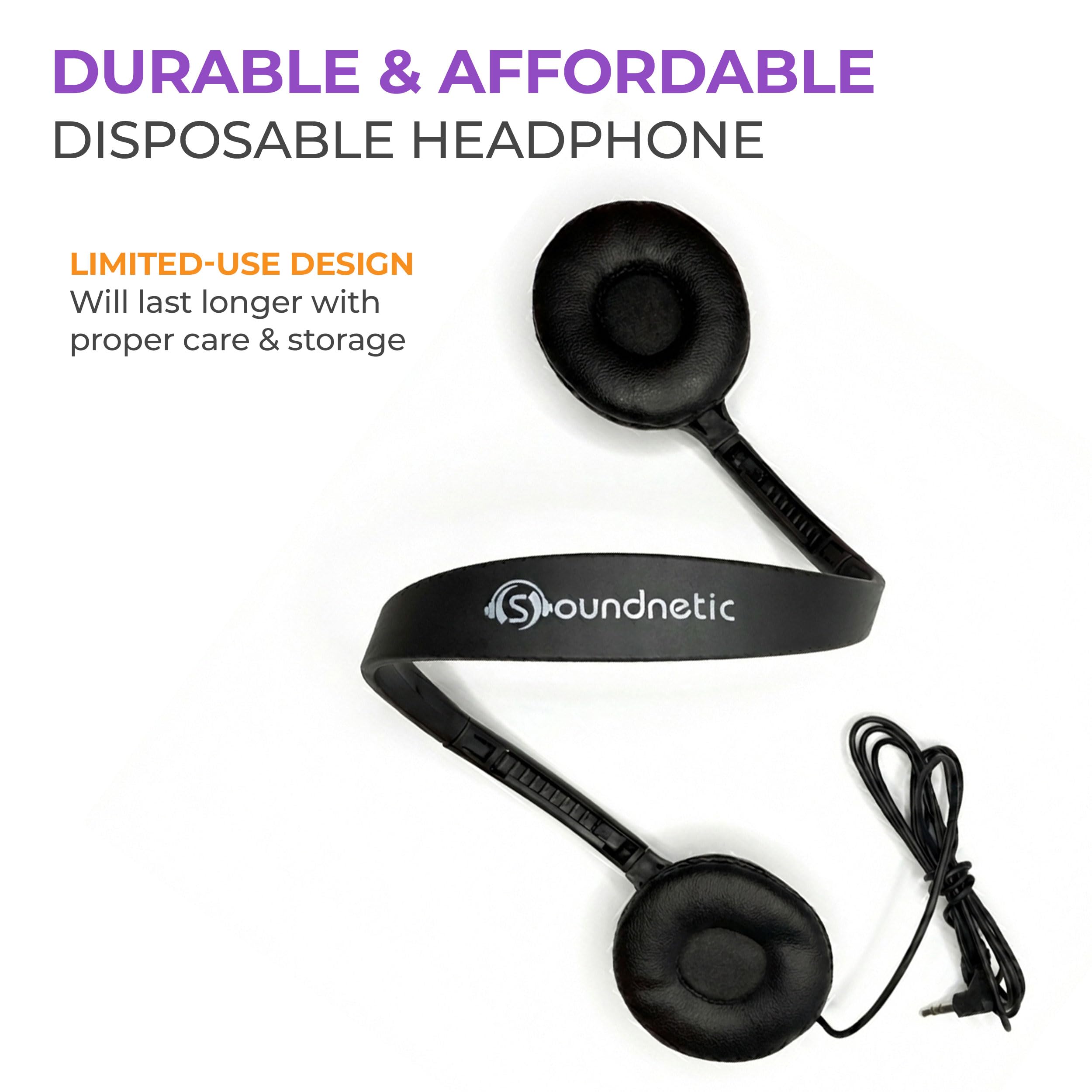 Soundnetic SN313 Bulk Classroom Headphones 100 Pack – Over The Head Stereo Headphones with Leatherette Earpads, Black – Ideal for Schools