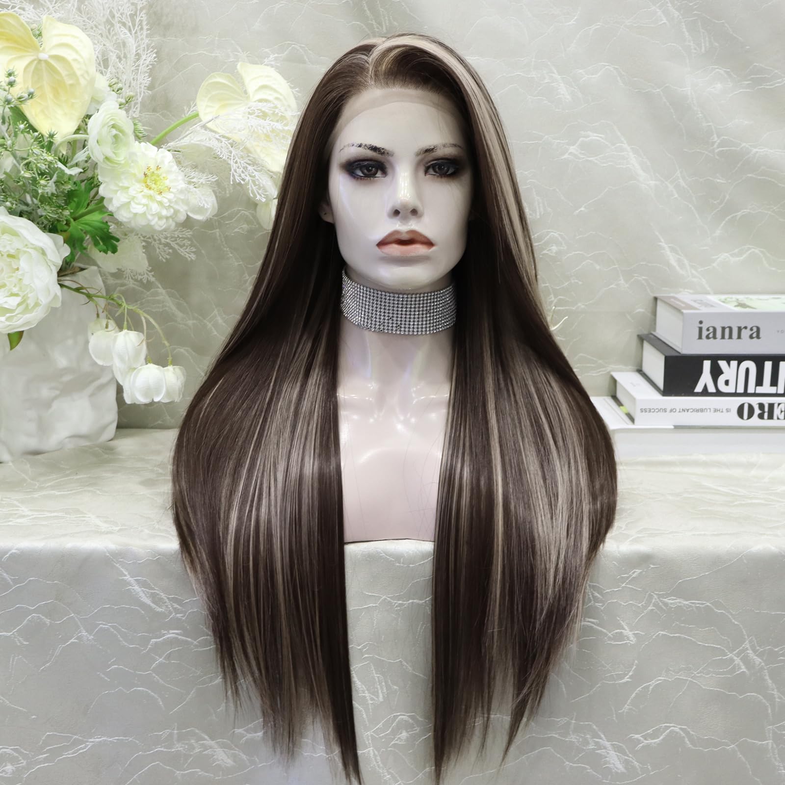IMSTYLE Dark Brown Wig 13 * 4 Inches Free Parting Lace Front Wig Synthetic Straight Wigs 28 Inches for Women Daily, Cosplay 13*4 Dark Brown Wig