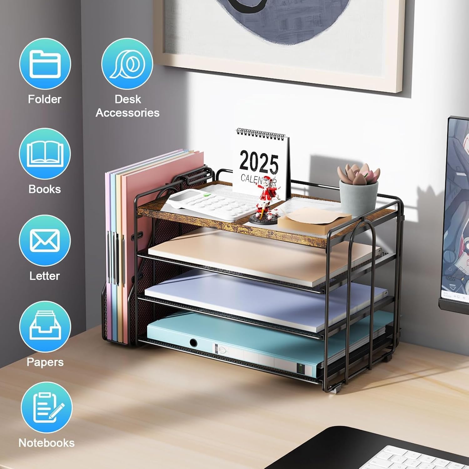 gianotter 4-Tier Paper Organizer With Magazine Holder, Desk Organizers and Accessories, Desk Accessories & Workspace Organizers, File Organizer for Office Supplies Storag (Wood, 4-Tier)