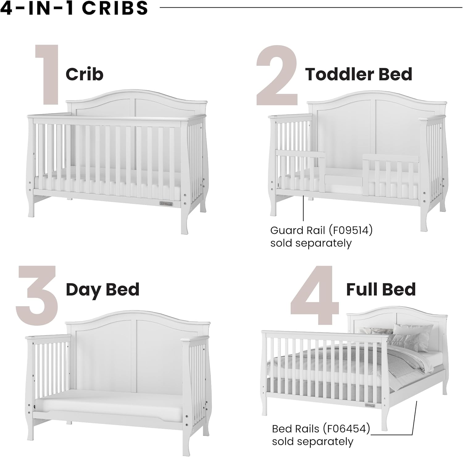 Diagram showing the 4-in-1 conversion options for the Child Craft Camden Crib: Crib, Toddler Bed, Day Bed, and Full Bed.