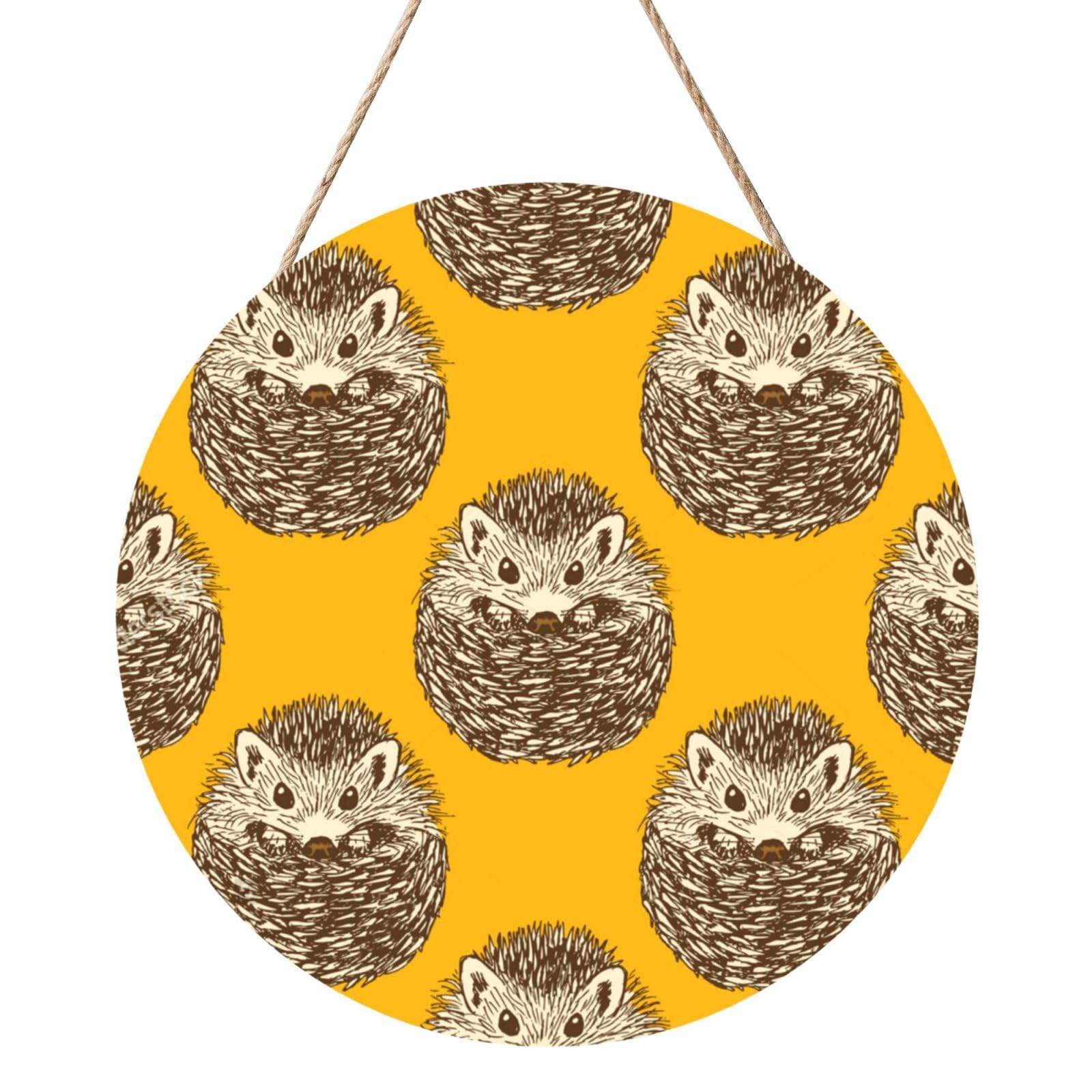 InOmak Cute Hedgehog, Round Wood Panel Painting 12 in, Wall Hanging Painting For Home