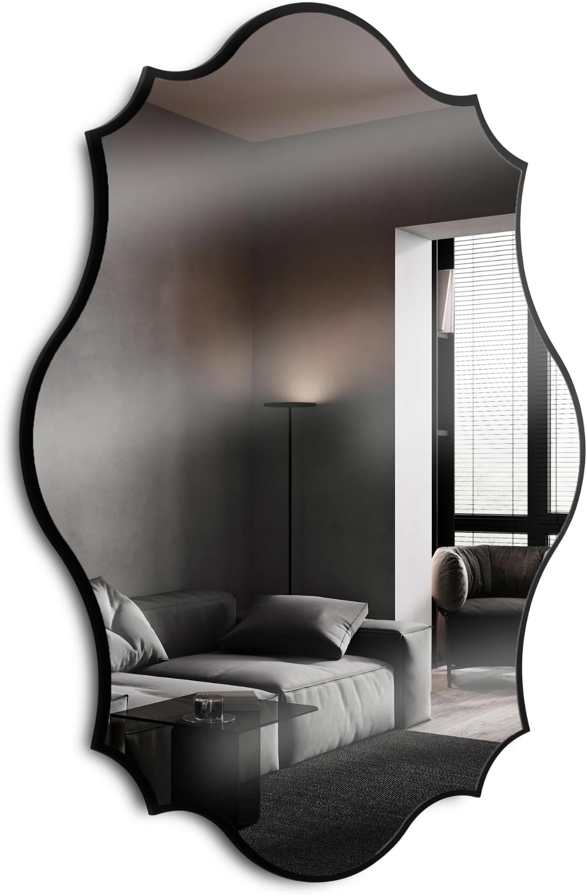 40"x30" Scalloped Wall Mirror, Wooden Framed Decorative Mirror for Livingroom Bedroom Bathroom Entryway Fireplace Mantle, Horizontally or Vertically Wall Mounted, Black, Melfi