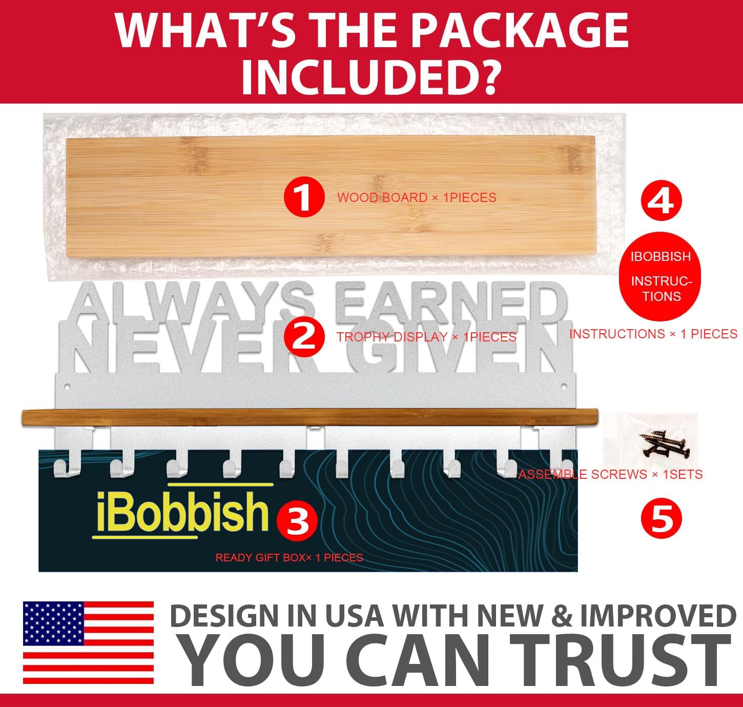 iBobbish Premium Trophy and Medal Display Shelf,Metal Trophy Shelf with Hooks Upgraded,Trophy Display,Sturdy Trophy Shelf with Hooks for Medals in Black Metal Wall Mount Medals Packed Gift