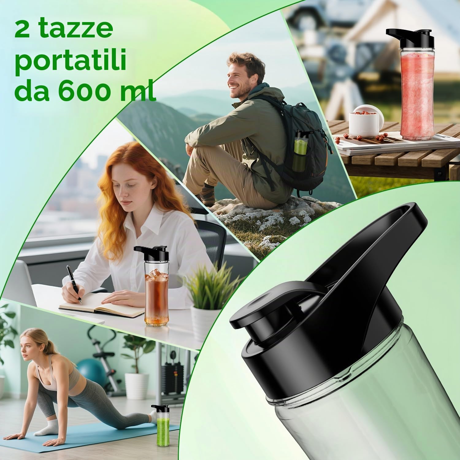 KITCANIS Mini frullatore 3 in 1, frullatore elettrico 800W, 3 velocità regolabili, 2 bottiglie portatili da 600 ml e tazza da 300 ml per gelato, frutta, verdura, noci