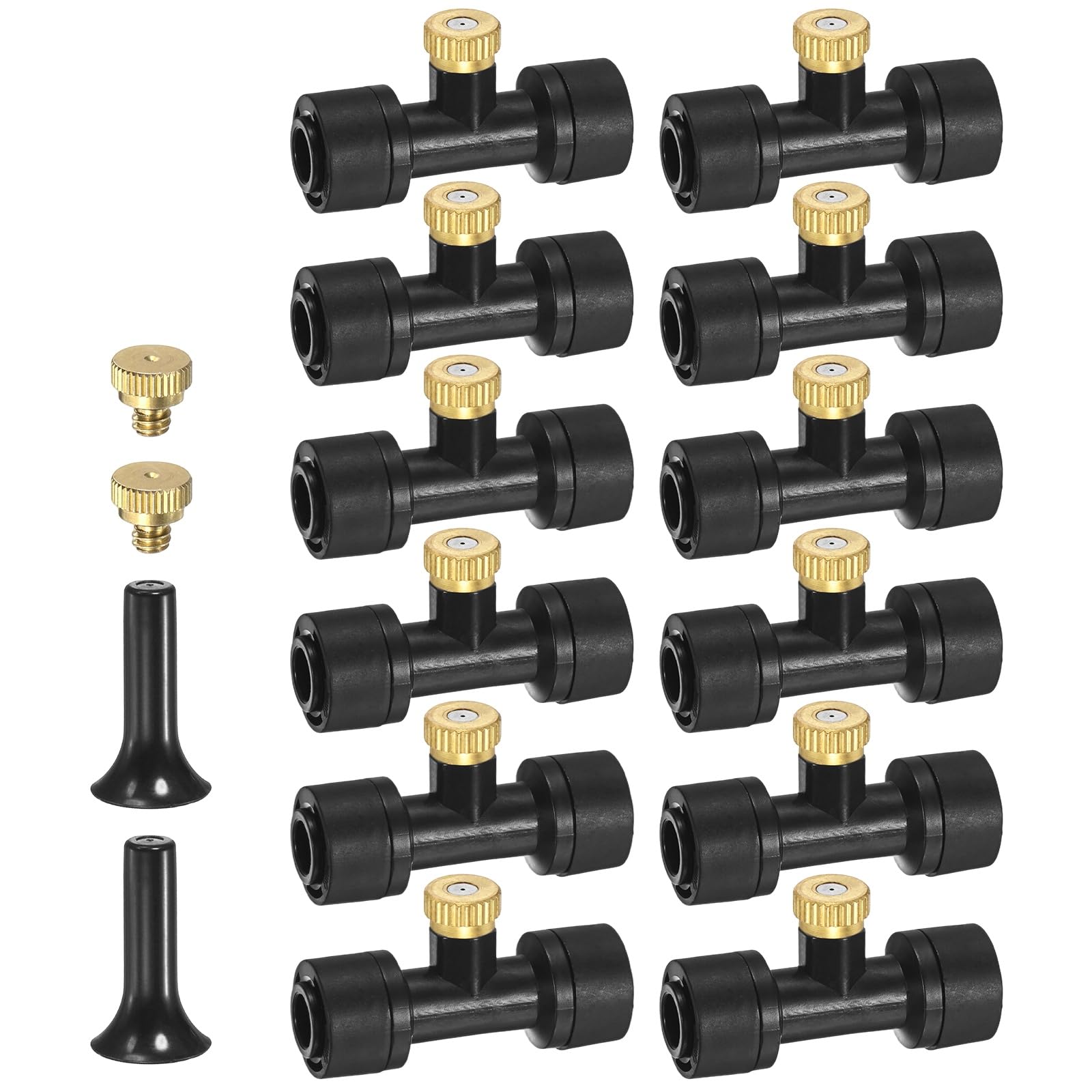 M METERXITY 12-Pack Brass Misting Nozzles Tees, 0.6mm Orifice Dia Heavy Duty Mister Nozzle with Brass Plugs and Black Plugs for 1/4 Inch Tubing Outdoor Spray Cooling System