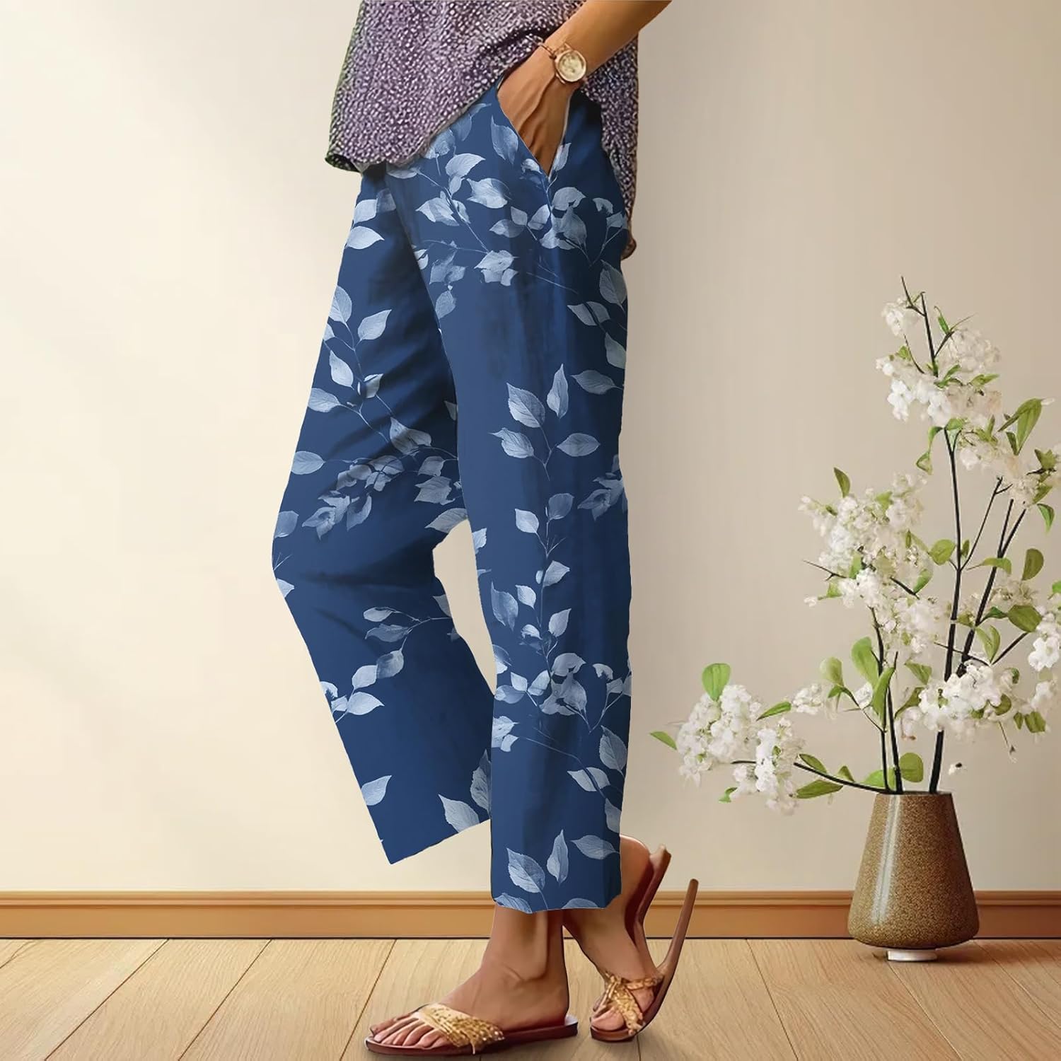 Women's Trendy Long Straight Leg Pants Retro Japanese Art Printed Trousers High Waist Baggy Work Casual Palazzo Pants - Image 2