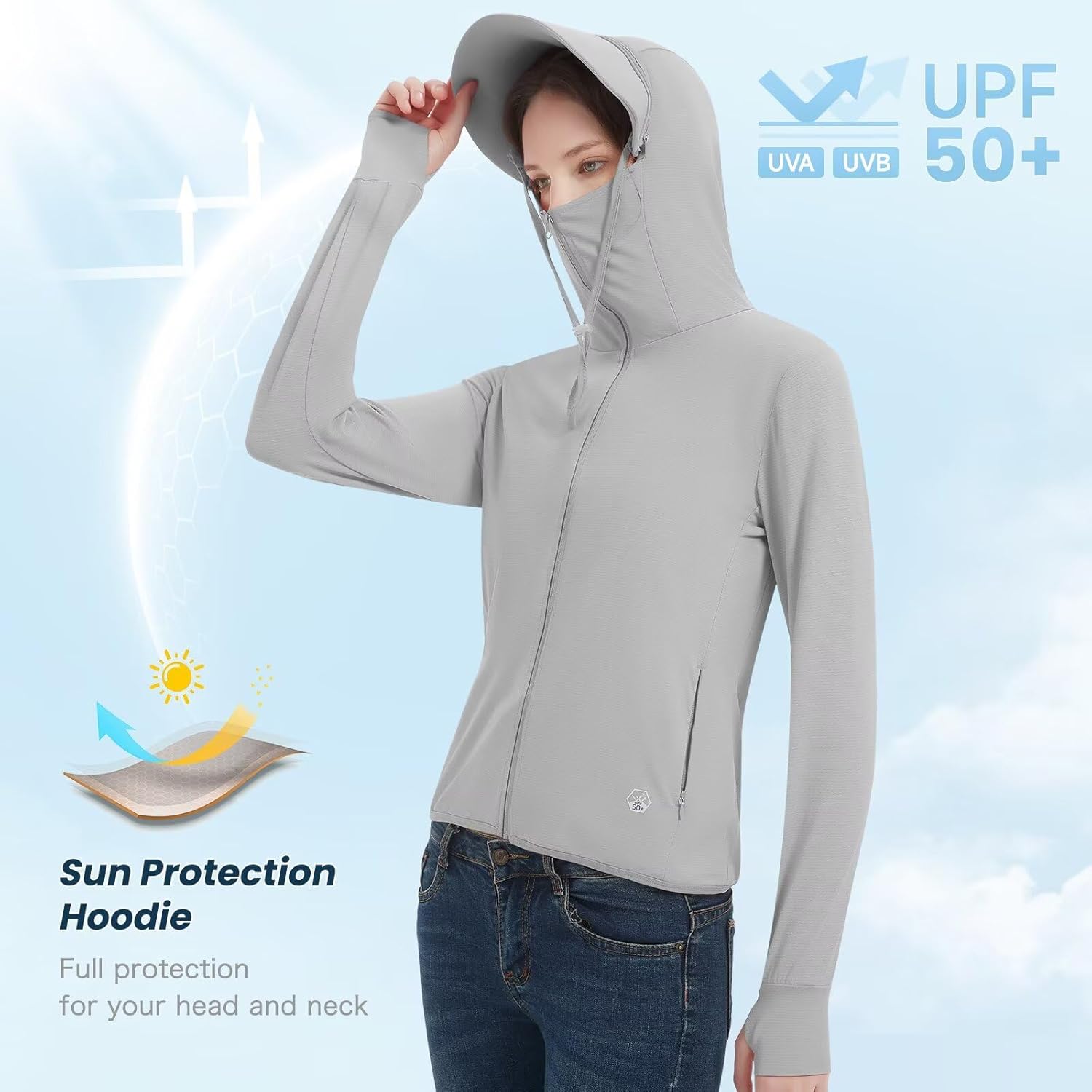 Women's UPF 50+ Sun Protection Jacket Lightweight Cooling Long Sleeve Sun Shirt with Hoodie Brim for Outdoor Hiking - Image 3