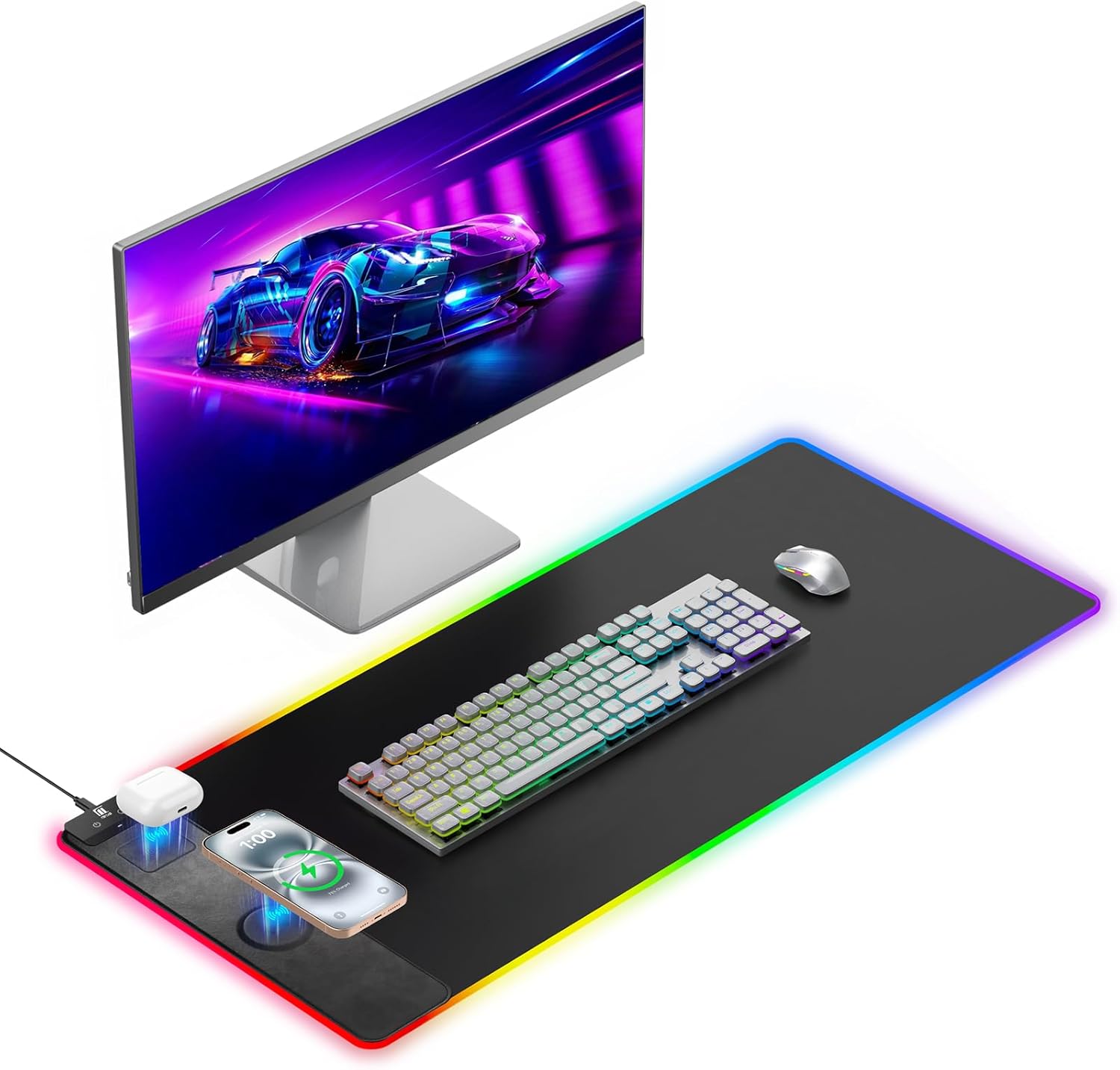 Miroddi RGB Mouse Pad with Wireless Charging Gaming Mousepad, 31.5"x15.75" Extra Large Desk Mat, 13 Light Modes, Non-Slip Rubber Base Ultra-Smooth Surface Keyboard Mat for PC, MacBook, Laptop