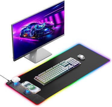 Mouse Pad with Magnetic Wireless Charging, Large Desk Pad Protector, RGB Black Desk Mat with 15W Fast Charger, Non-Slip Waterproof Mousepad for Office Home Gaming