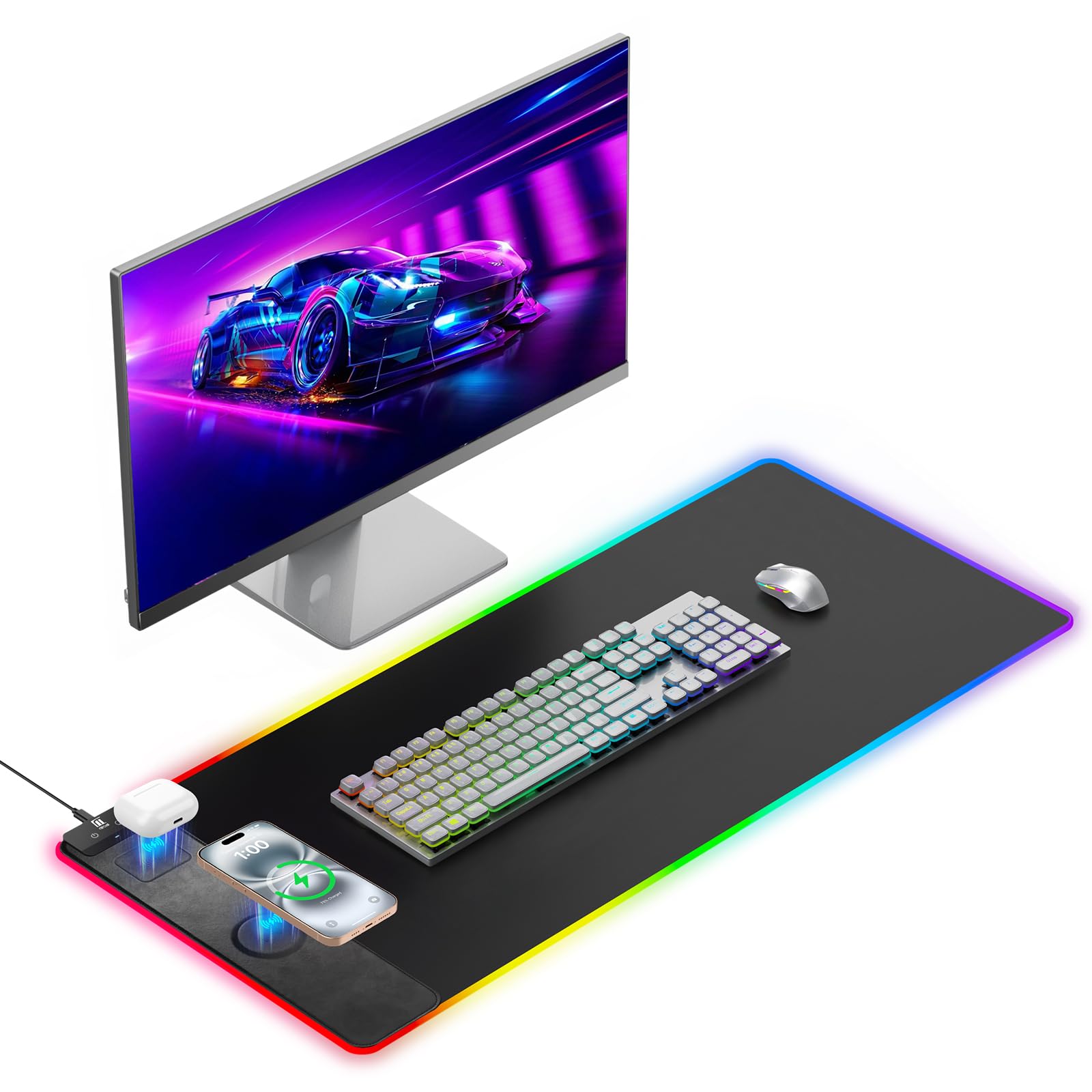 Miroddi RGB Mouse Pad with Wireless Charging Gaming Mousepad, 31.5"x15.75" Extra Large Desk Mat, 13 Light Modes, Non-Slip Rubber Base Ultra-Smooth Surface Keyboard Mat for PC, MacBook, Laptop