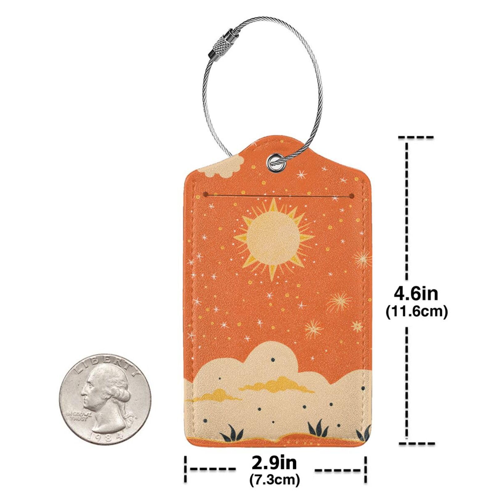 4 etiquetas de equipaje de piel sintética para maleta, etiqueta de equipaje de sol de dibujos animados naranja con bucle de acero inoxidable, etiqueta de identificación de cubierta de privacidad para