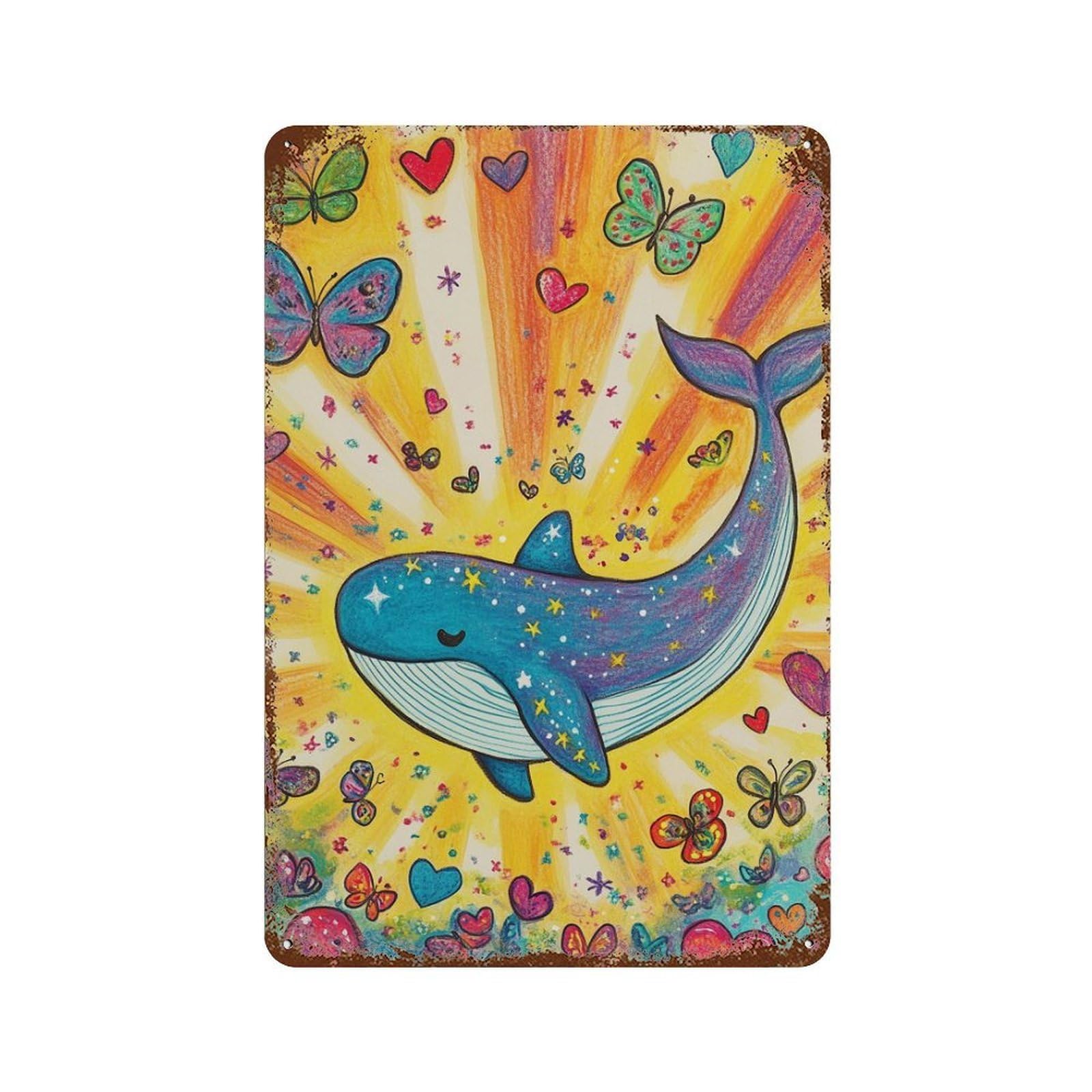 Whale And Butterfly Fantasy-1 Weathered Tin Sign 11.8"x7.9", Decorative Metal Wall Art for Garage, Bar And Workshop Decor