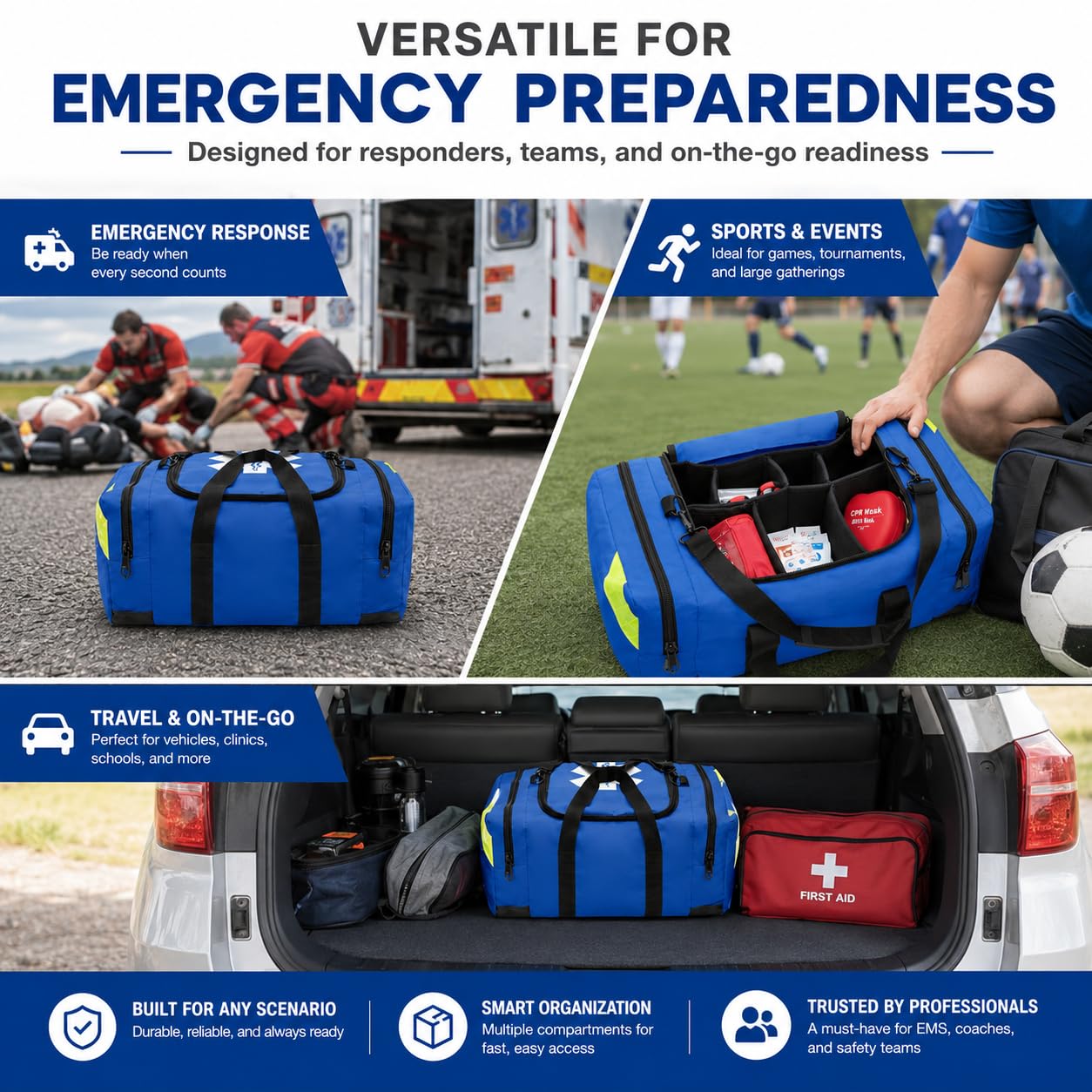 NOVAMEDIC Bolsa médica vacía azul de primeros auxilios para traumatismos, 21 x 15 x 5 pulgadas, transportador de primeros auxilios con múltiples compartimentos para EMT, paramédicos, emergencia y kit