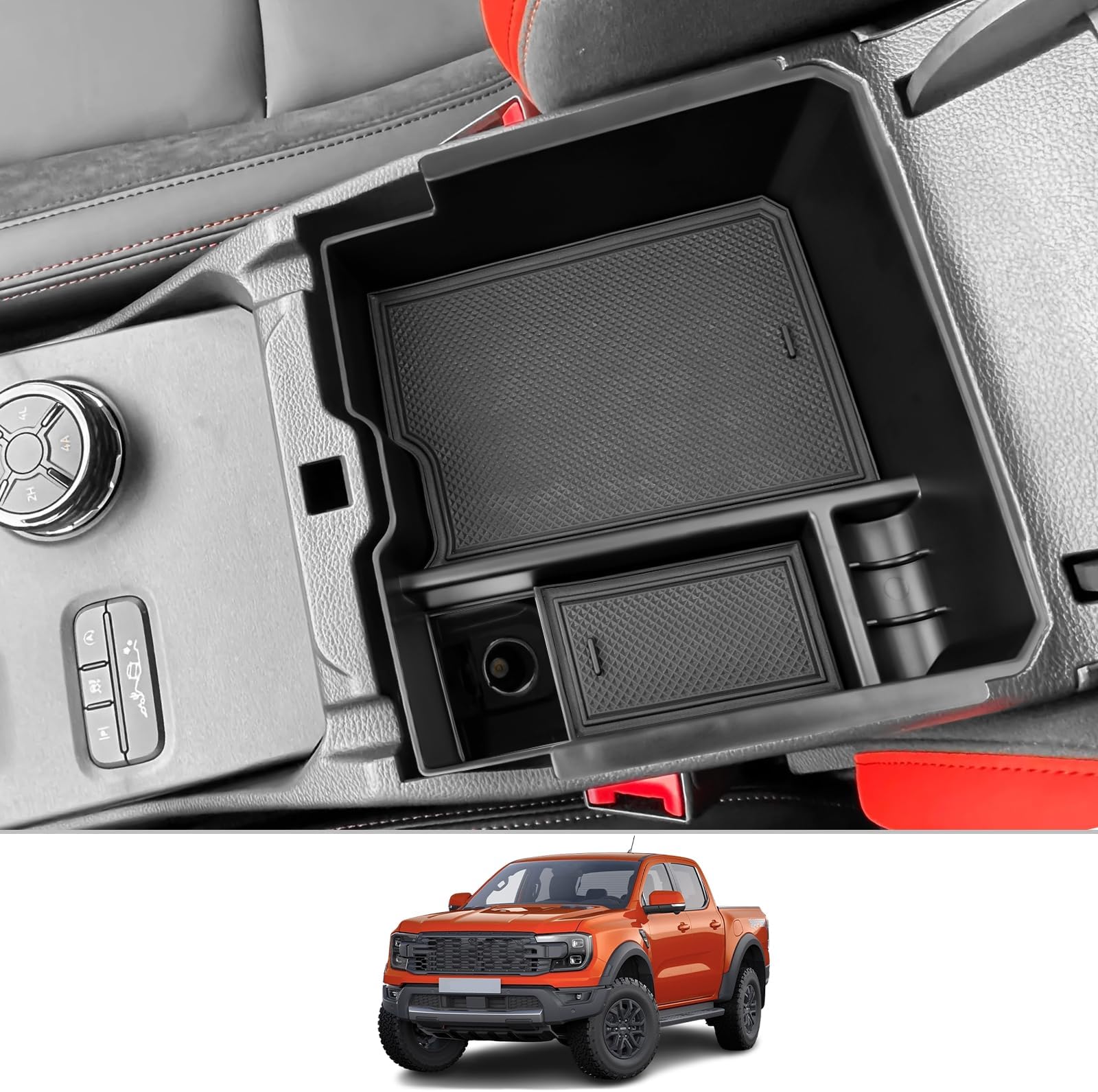 CDEFG Compatible with Ford Ranger T9 2023 2024 2025 Raptor Wildtrak XLT, UK Centre Console Armrest Storage Box Armrest Organiser Glove Box Storage Car Tray Ranger 2023 Accessories (Electronic Brake)