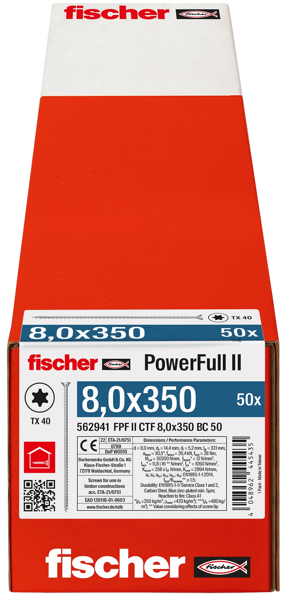 Fischer Powerfull FPF II CTF 8,0x350 - Tornillo de refuerzo con revestimiento de zinc, rosca total, cabeza avellanada con Huella Torx/caja de 50