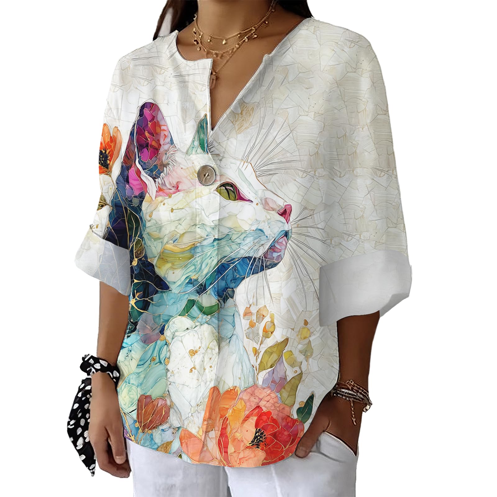 Adorable Cat Flower Graphic Shirt Womens Casual Fashion 3 4 Sleeve Tops Summer V Neck Blouse Elegant Loose