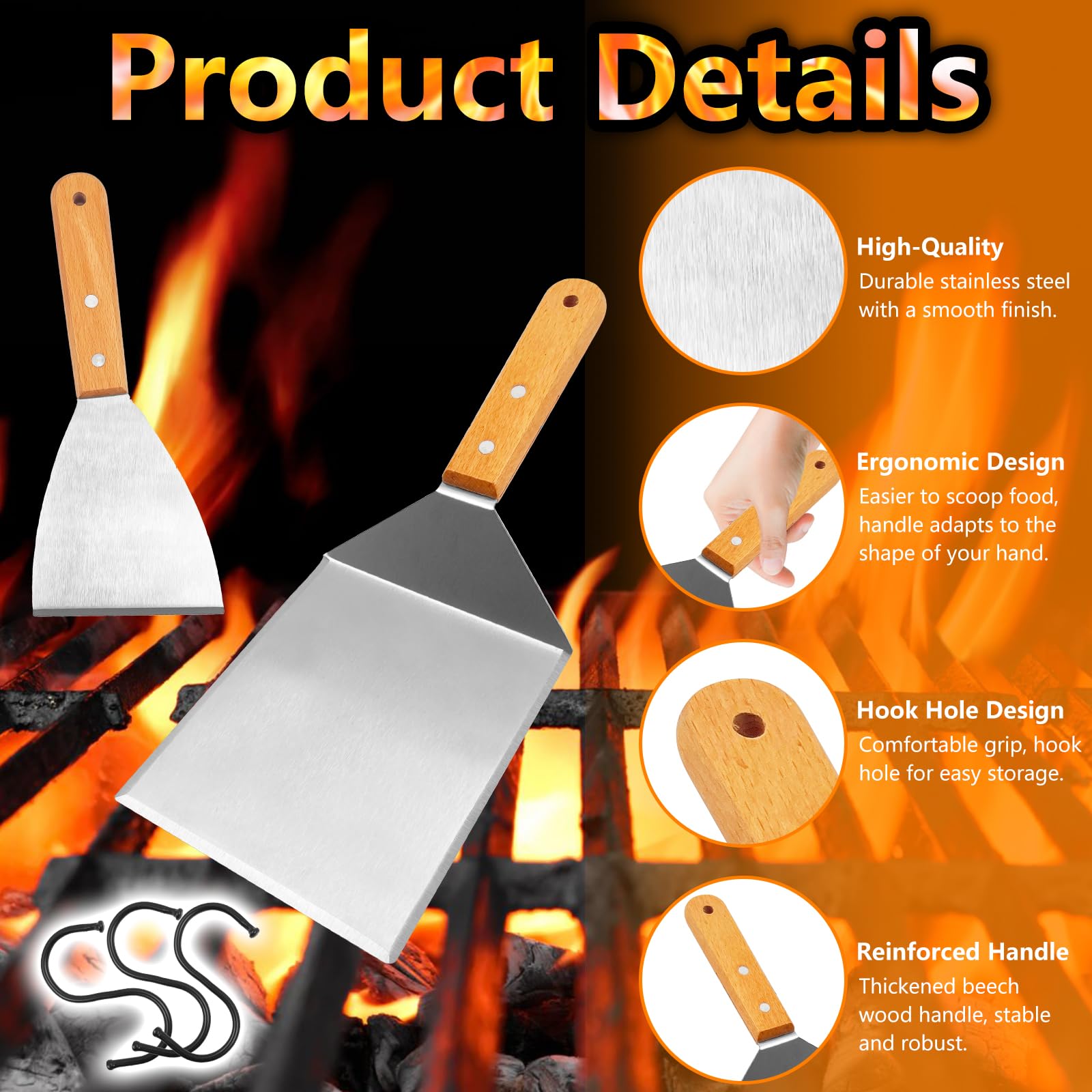 Set de Spatules pour Barbecue en Acier Inoxydable et Bois, Spatules Barbecue avec Crochets, Grande Spatule pour Smash Burger, et Presse à Burger, Idéal pour Plancha et Teppanyaki