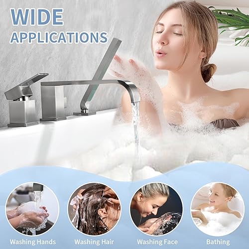 Miniatura 7 de INAGE Grifo de bañera romana en cascada con ducha de mano, grifo de bañera de montaje en cubierta con rociador, juego de grifo de bañera de una sola