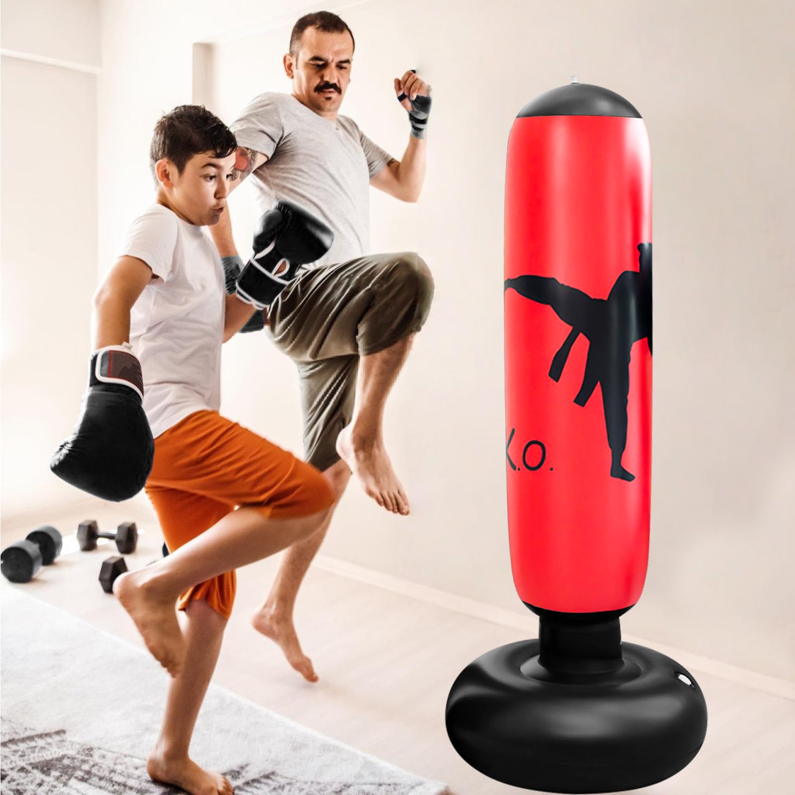 Sacco da boxe per bambini, 160 cm, per bambini, in piedi, con guantoni da boxe, gonfiabile, per interni, esterni, palestra, dai 3 ai 12 anni, per ragazzi e ragazze, colore rosso